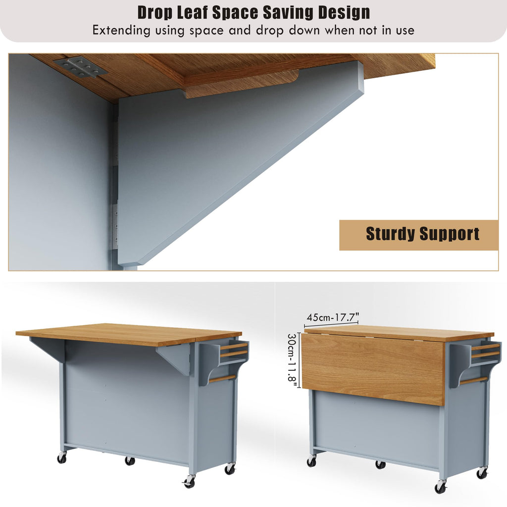 Merax 54" Large Kitchen Cart Island on Wheels with Drop Leaf,Adjustable Shelves,3 Drawers,Embossed Texture Design for Dining Room