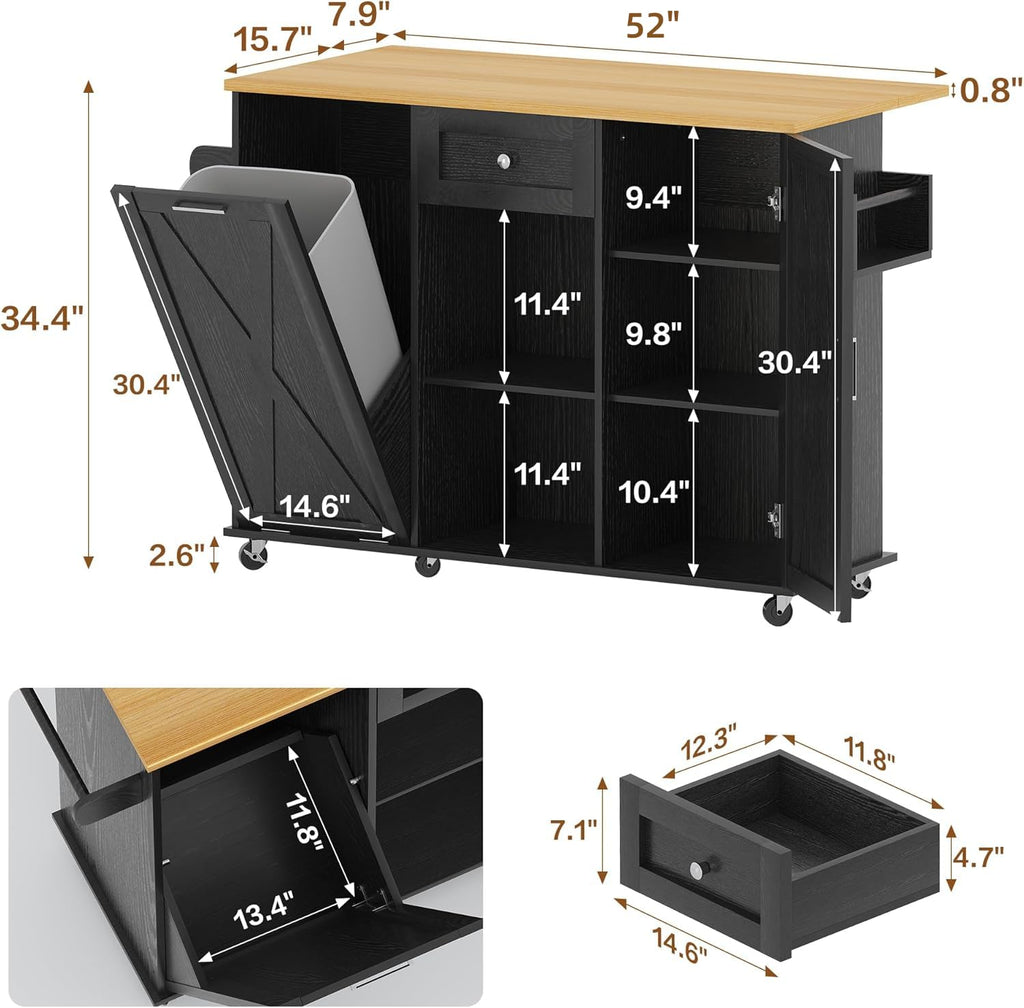 48" Modern Rolling Kitchen Island with Drop Leaf & Trash Can Storage, Mobile Island Table for Kitchen