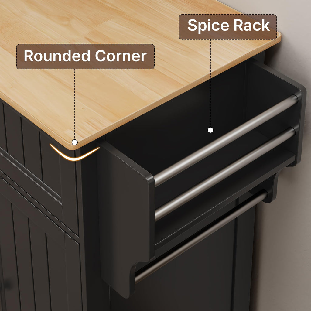 Gizoon Kitchen Island Cart with Adjustable Shelf, White, Tabletop-Oak Color