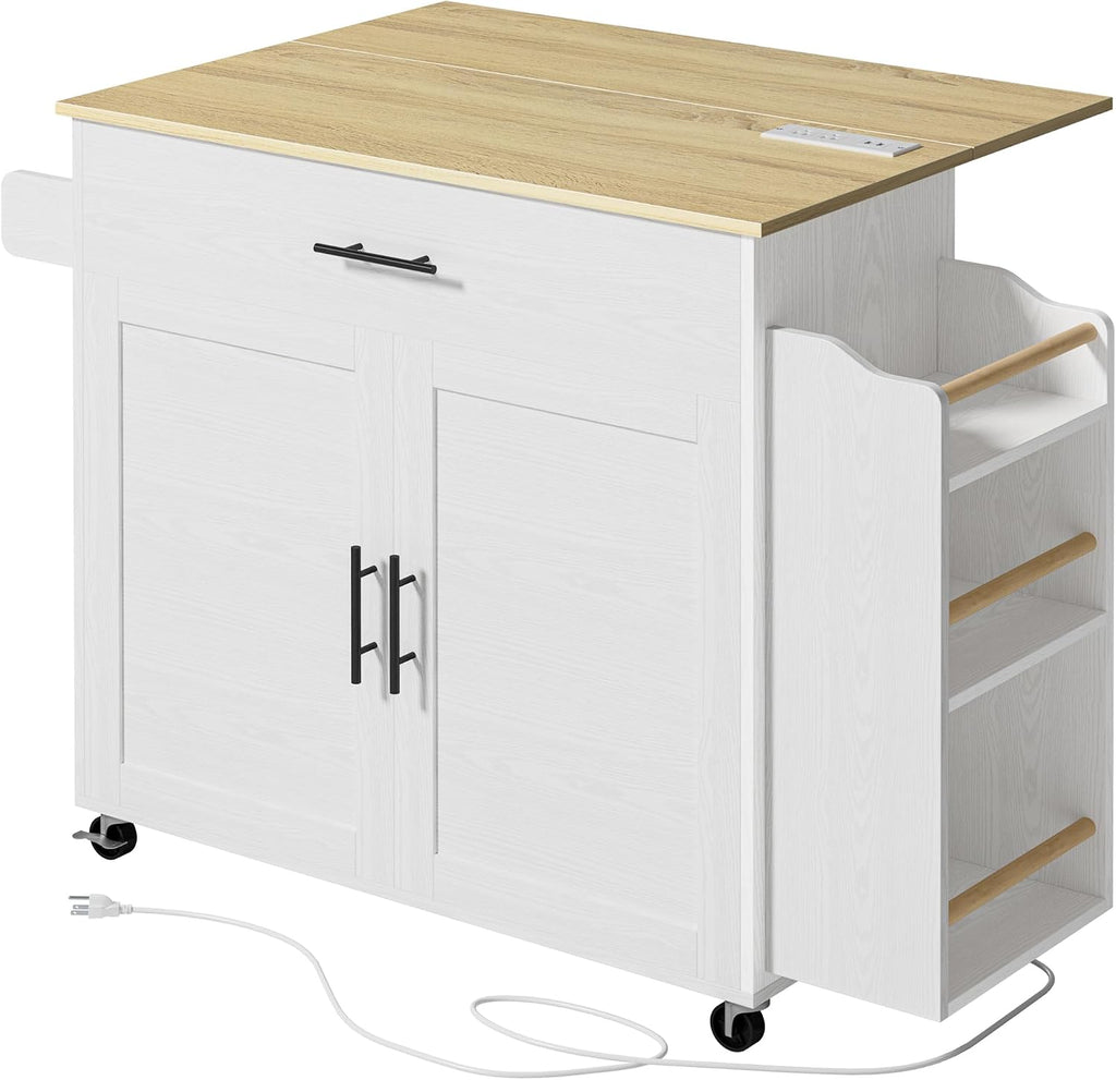 IRONCK Kitchen Island with Power Outlet, 3-Tier Side Storage Rack, White