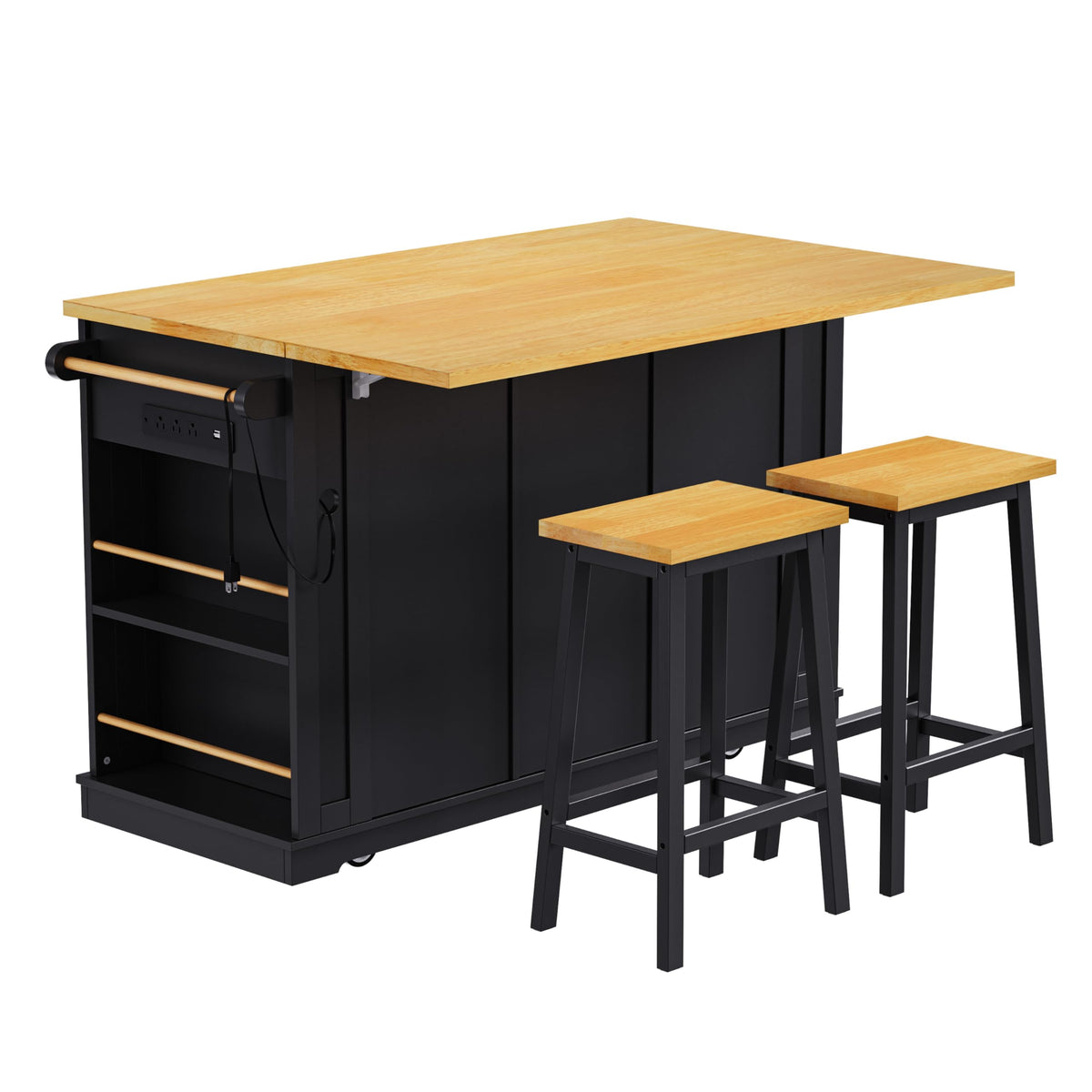 53" Large Kitchen Island with Drop Leaf & Power Outlet, Rolling Kitchen Cart on 5 Wheels with Internal Door Storage Rack, 5 Open Side Racks, 3 Drawers, 2 Doors for Kitchen Dining Room