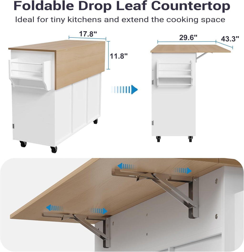 Furnify Kitchen Island with Wheels & Drawers, Kitchen Island Cart, White