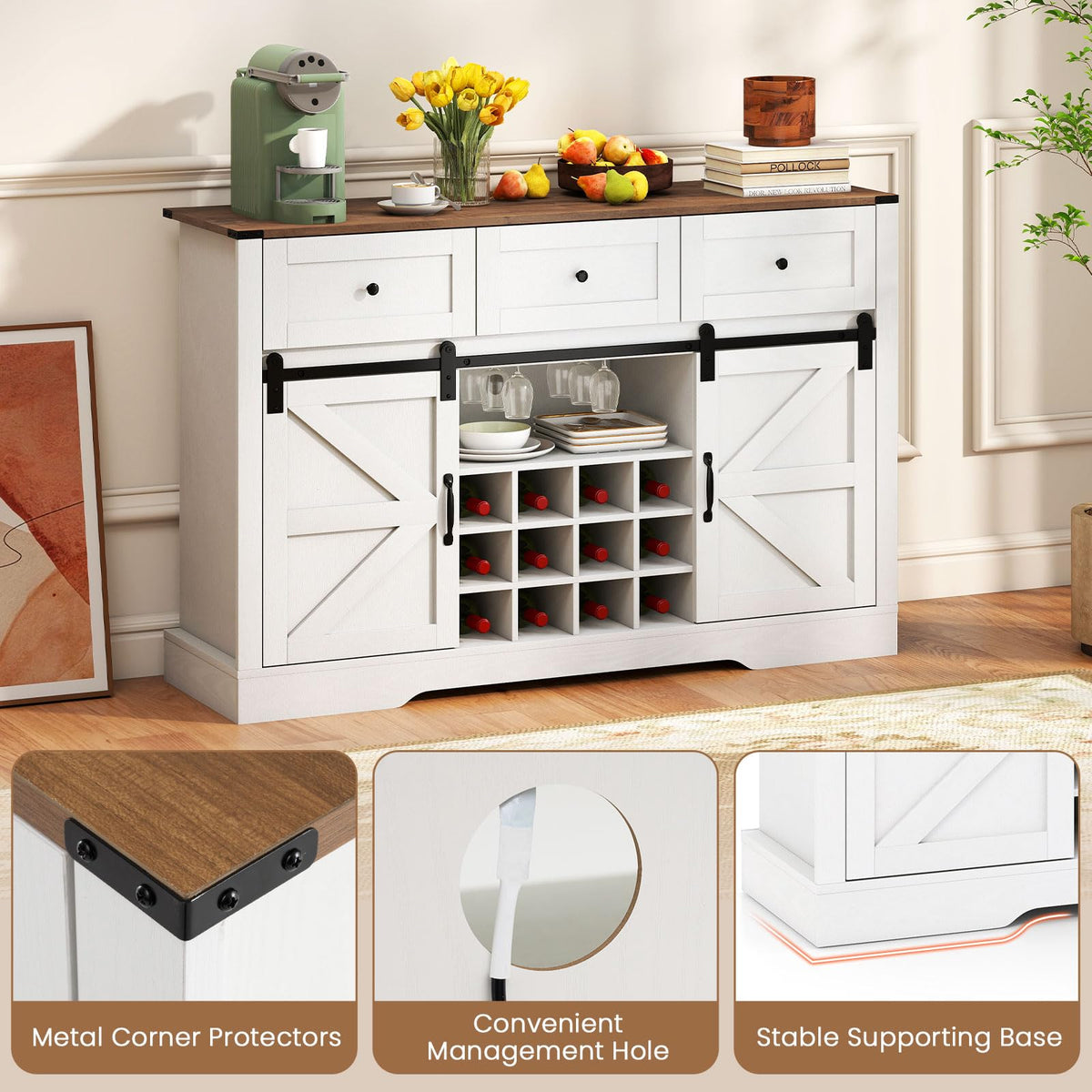 GIANTEX Wine Bar Cabinet with LED Lights, 52" Buffet Sideboard w/Sliding Barn Door, 3 Drawer, Adjustable Shelf, 12 Bottle Wine Rack & Glass Holder, Farmhouse Coffee Station for Living Room