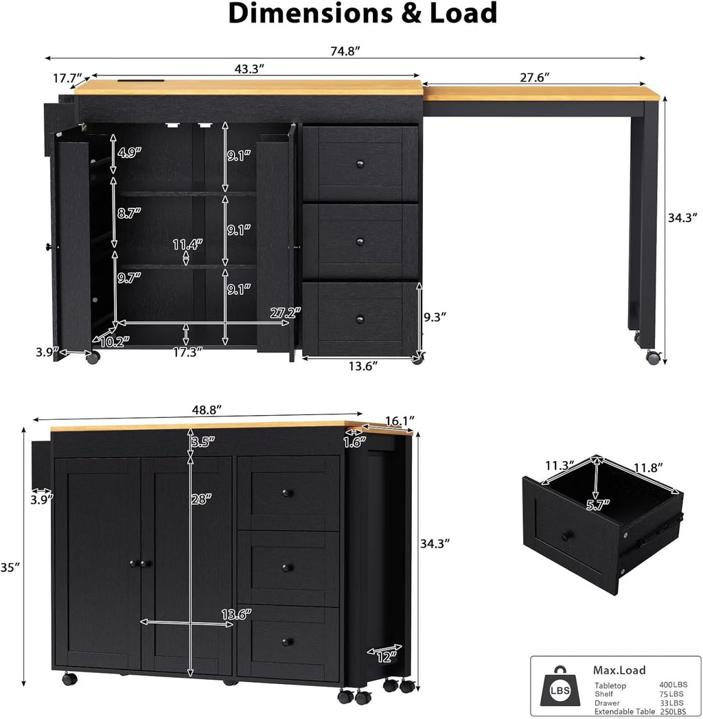 Large Kitchen Island with Extended Dining Table and Power Outlet, Rolling Kitchen Storage Cart with 3 Drawers, Kitchen Island on Wheels with Spice Rack and 2 Door Cabinet, Black