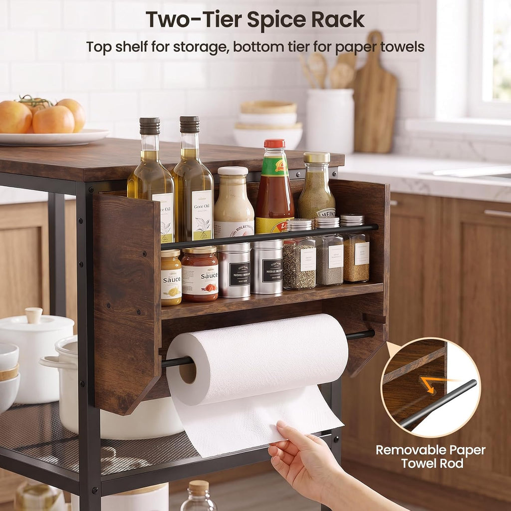 Rolling Kitchen Island with Storage, 3 Tier Kitchen Island Cart with Wheels,Wood Large Worktop, Storage Shelves, Lockable Casters, Power Outlet, Push Handle for Kitchen Dining Room