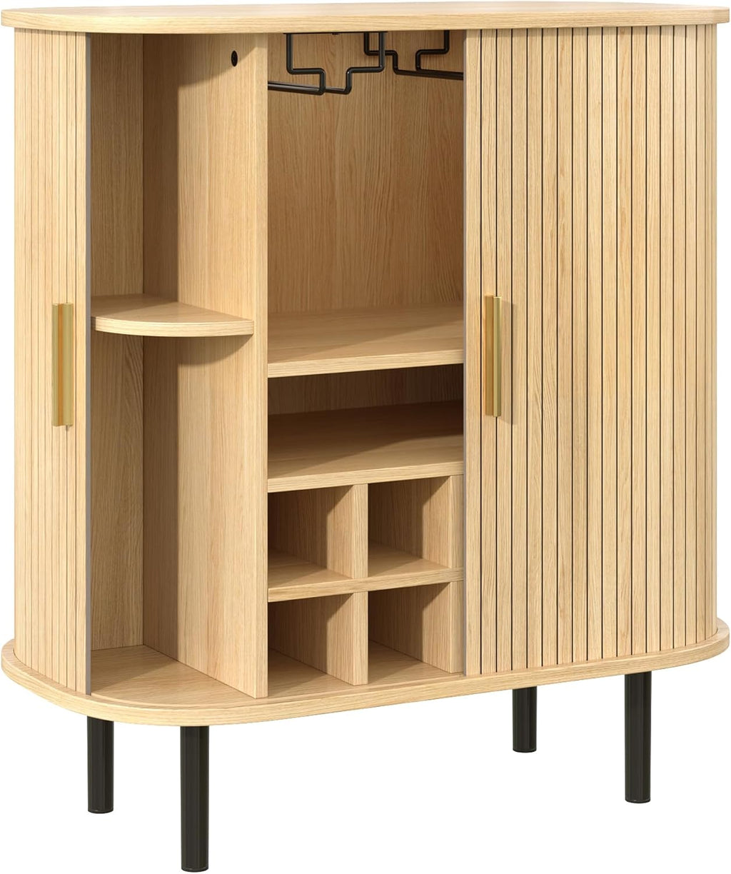 Natural Wine & Coffee Bar Cabinet with Gold Handle & Sliding Tambour Doors,Modern Curved Liquor Cabinet Coffee Station with 8*Wine Rack & 2*Glass Holders,5-Level Adjustable Shelf & Side Hidden Storage