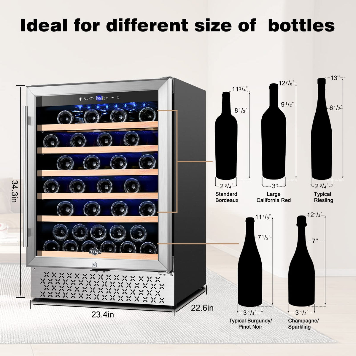 Tylza Wine Fridge 15'', 30 Bottles Wine Cooler Refrigerator, Undercounter or Freestanding, Removable Shelves, 40-65Â°F, Wine Cabinet with Double Glass Door, Wine Cooler for Home, Kitchen, Bar