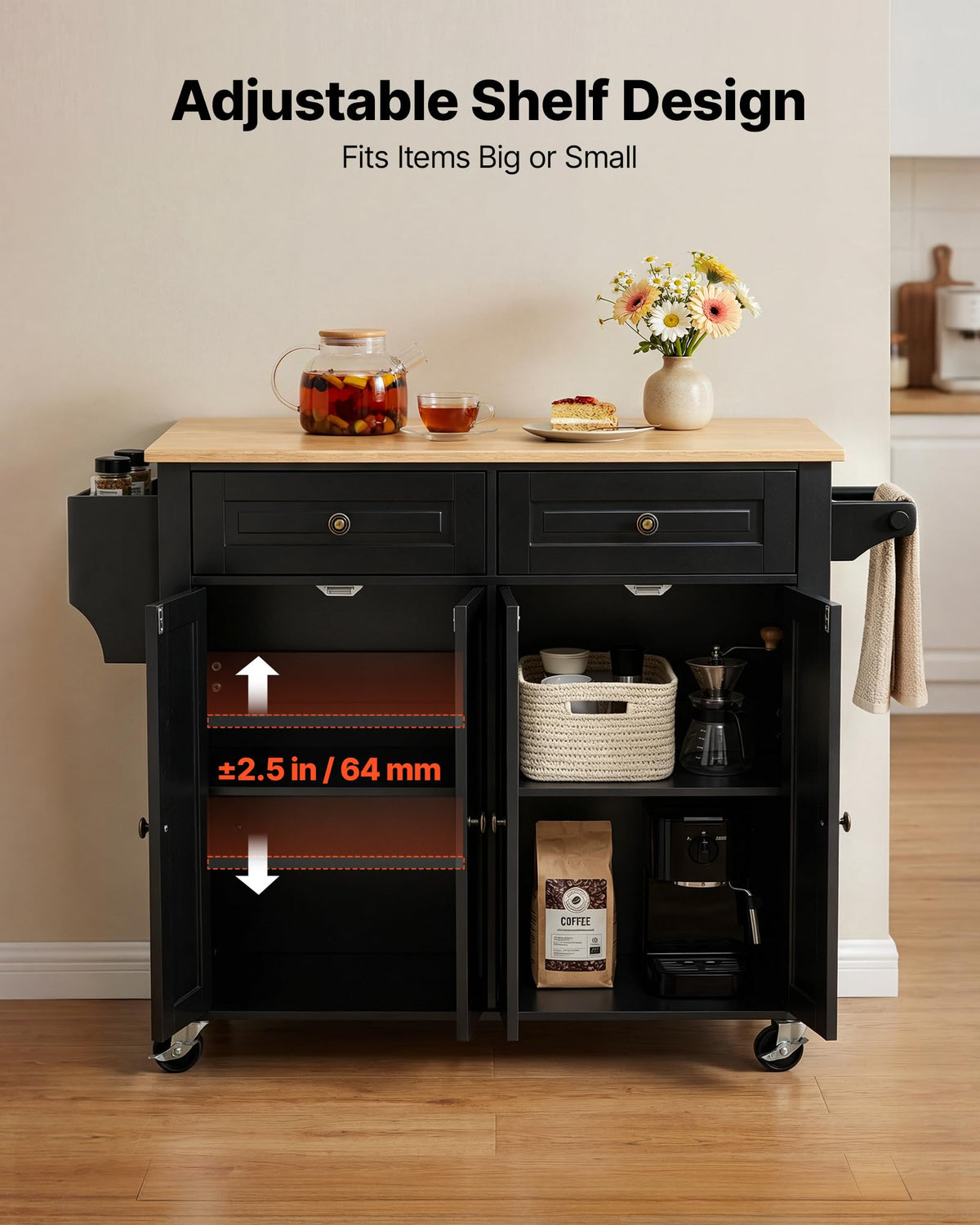 VEVOR Kitchen Island Cart with Storage, 43.58 in Wide Mobile Rolling Storage Island on Swivel Wheels, with 2 Drawers, Storage Cabinet, Drop Leaf, Spice/Towel Rack, Table for Home Dining Room, White