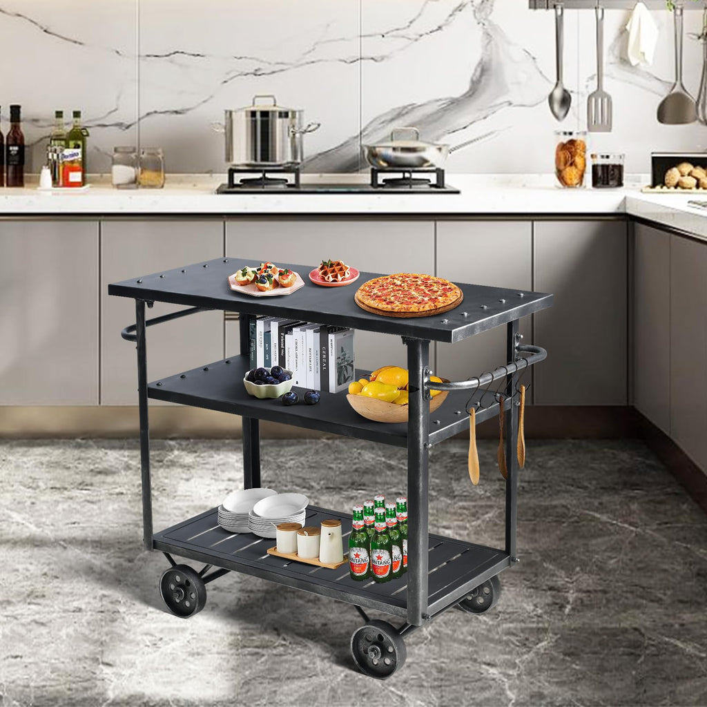 Industrial 3 Tier Rolling Utility Storage Cart Wine Beverage, Metal Wine Rack with Wheels Kitchen Bar Dining Room Tea Wine, Storage Cart with Wood