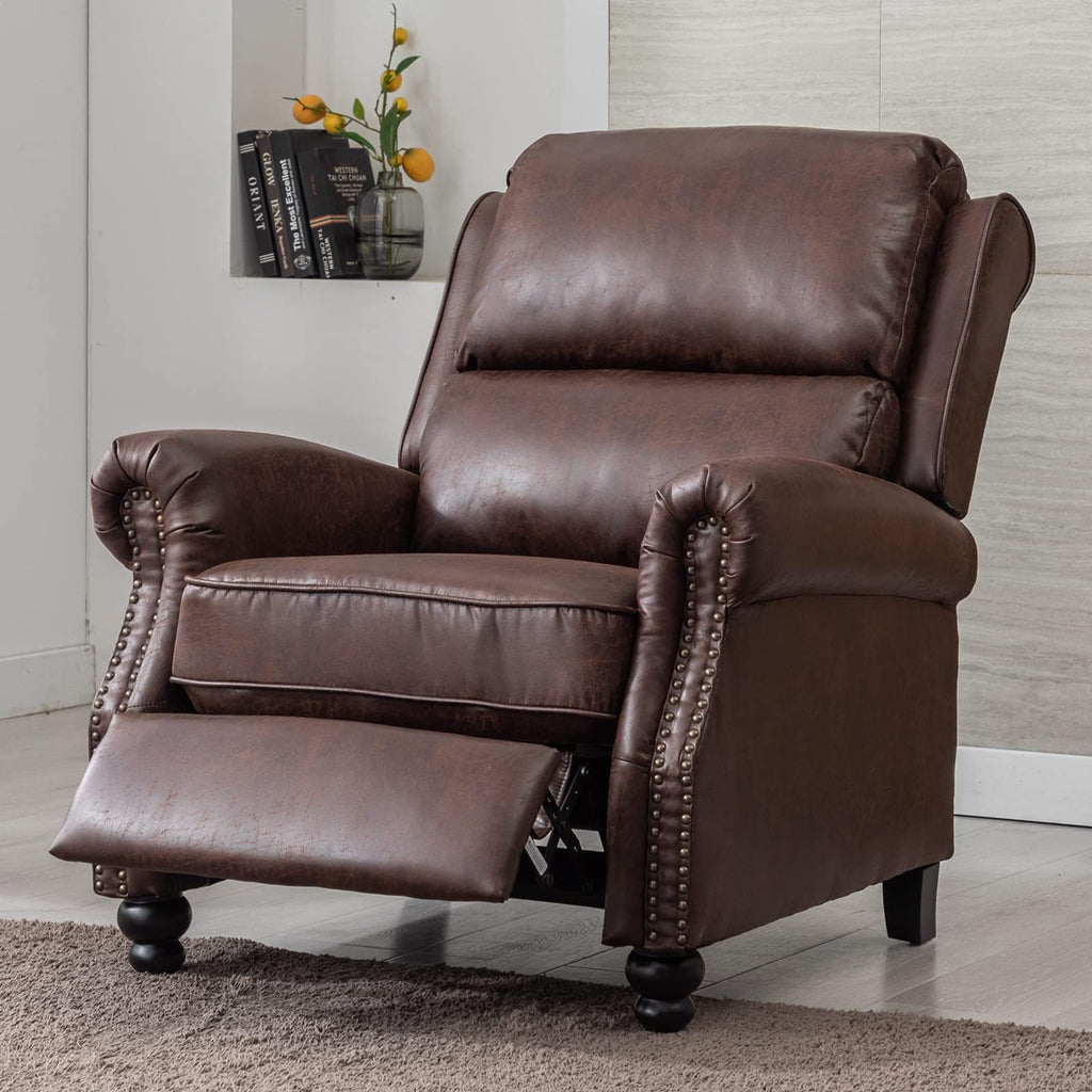 CANMOV Pushback Recliner Chair Faux Leather Armchair Push Back Recliner with Rivet Decoration Single Sofa Accent Chair for Living Room, Chocolate