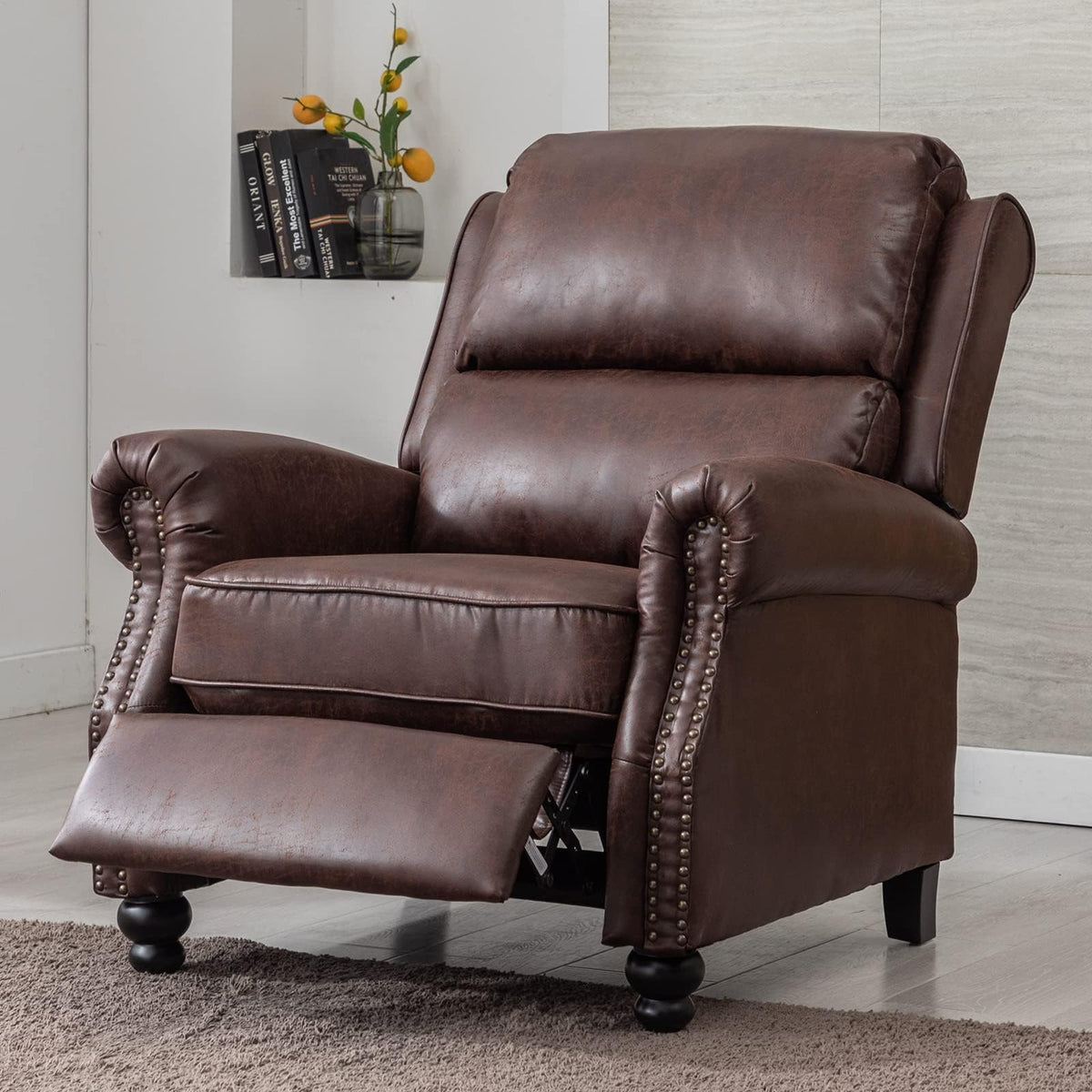 CANMOV Pushback Recliner Chair Faux Leather Armchair Push Back Recliner with Rivet Decoration Single Sofa Accent Chair for Living Room, Chocolate