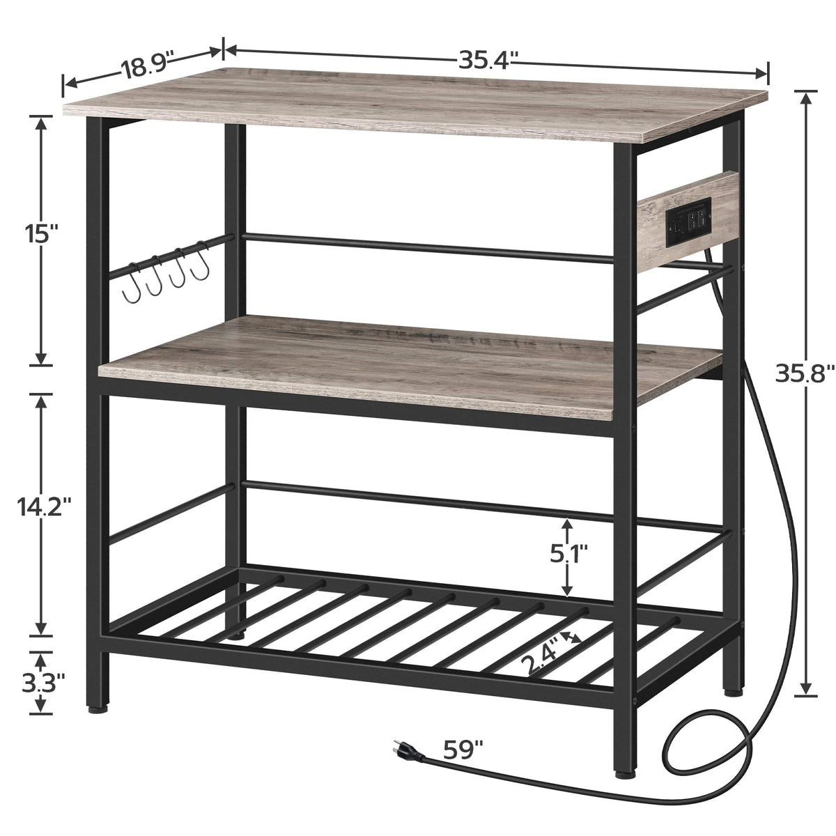 HOOBRO Kitchen Island with Storage, Kitchen Island Table with Power Outlet, 47.2" L 3 Tier Kitchen Counter and Microwave Stand, for Home, Kitchen and Dining Room, Rustic Brown and Black BF120UZD01