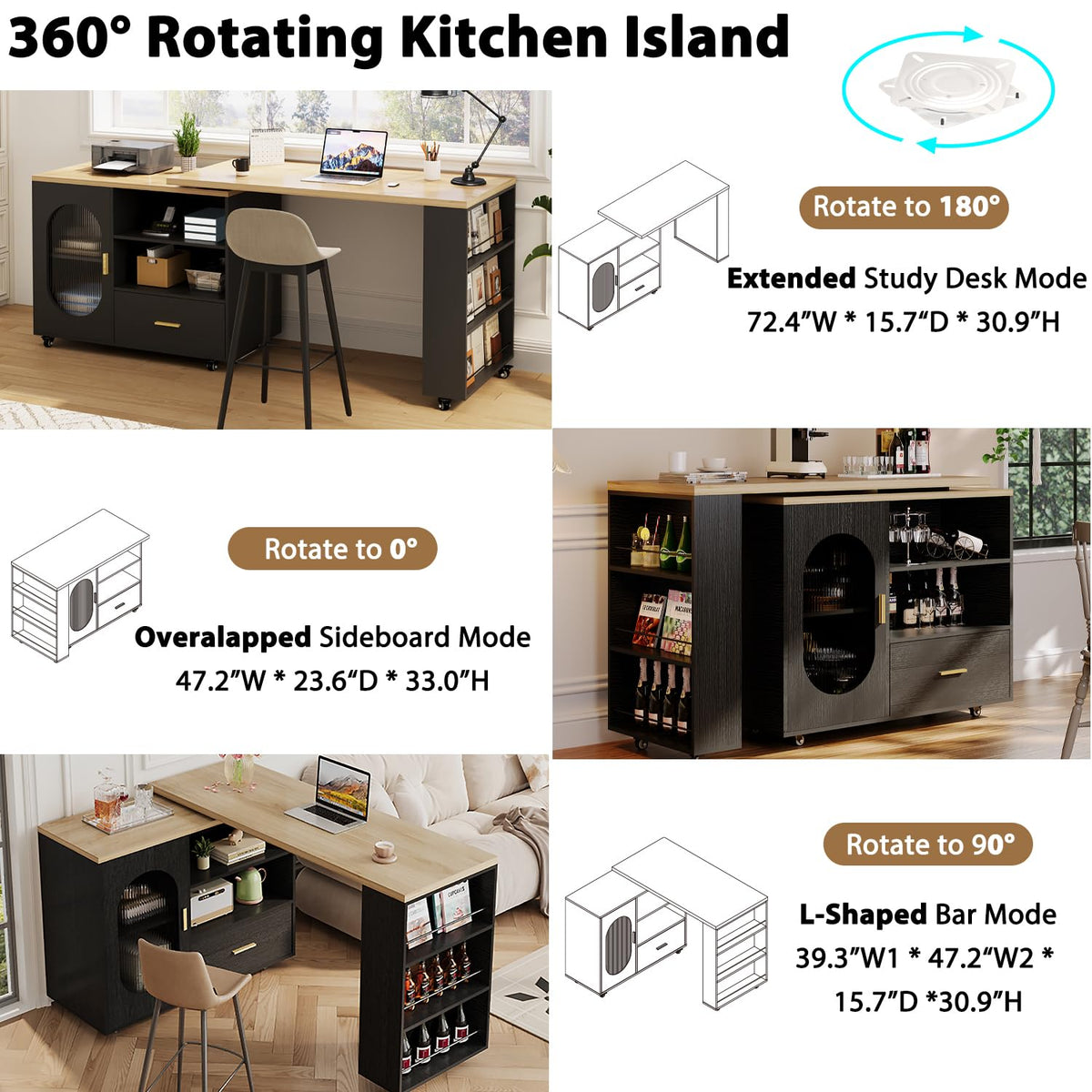 HSH 72â Rolling Kitchen Island with Seating & Storage on Wheels, White Oak