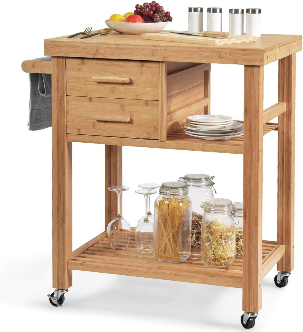 GIANTEX Kitchen Island, Bamboo Island Cart, Kitchen Trolley Cart on Wheels, Rolling Kitchen Cart, 2 Drawers, Towel Rack, Casters with Lock (Natural)