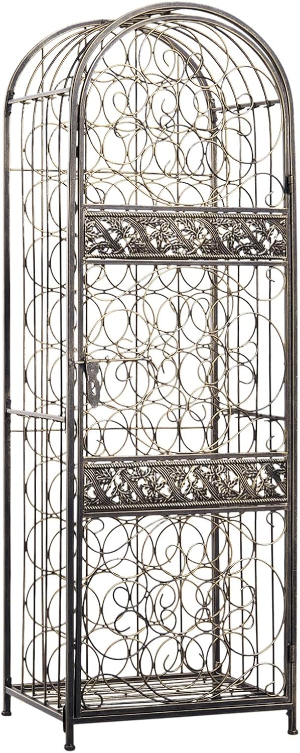 HOMCOM 45 Bottle Wrought Iron Wine Rack Jail with Lock Antique Bronze