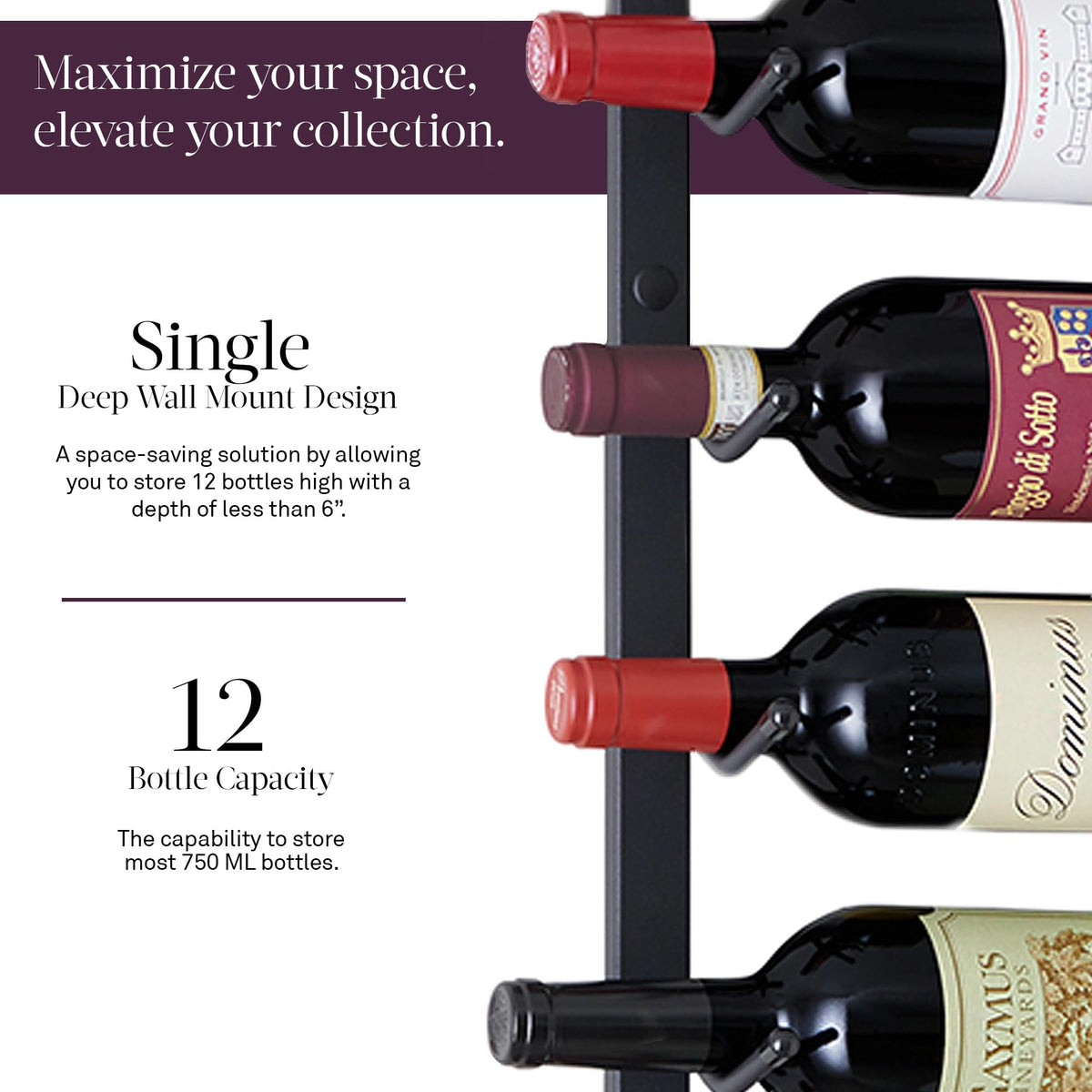 Wine Enthusiast N'FINITY 18 Bottle Wall Mounted Metal Wine Rack â Label Forward Wine Rack with Easy Installation - 3' Tall, 2 Column Deep (Black)