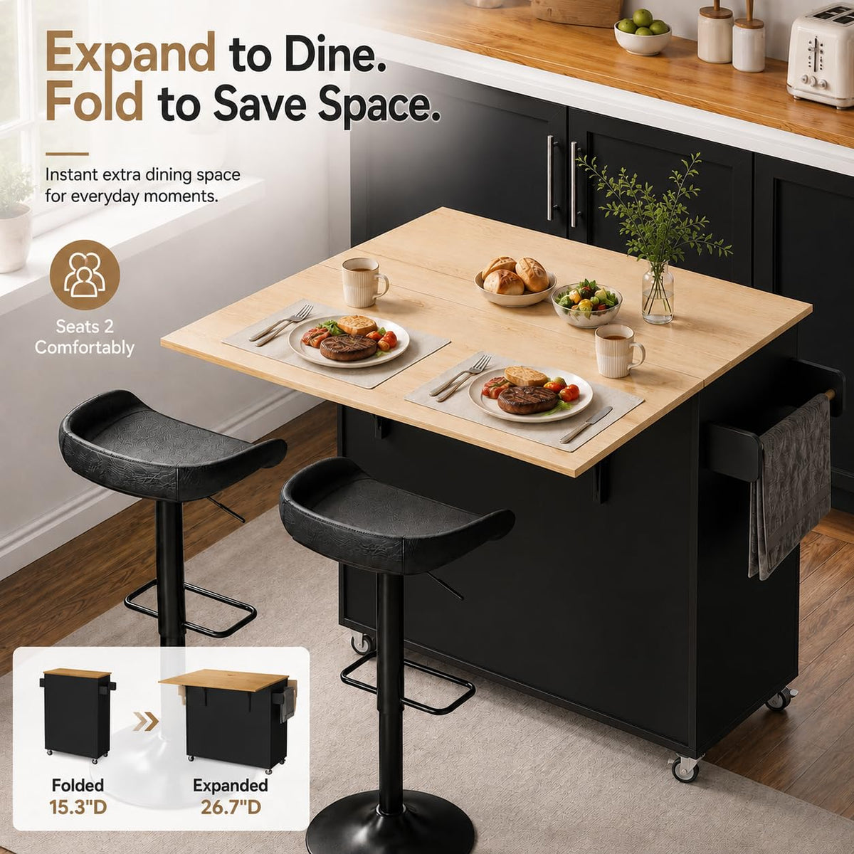 IRONCK Kitchen Island Table on Wheels with Drop Leaf, 47.25" Wide White