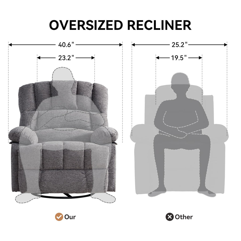 WILLOVE 41" Oversized Rocker Recliner Chair, Rocking Recliners Overstuffed Soft Big Man Manual Recliner, Extra Large Chenille Living Room Chair 350 LBS Capacity, Grey, L