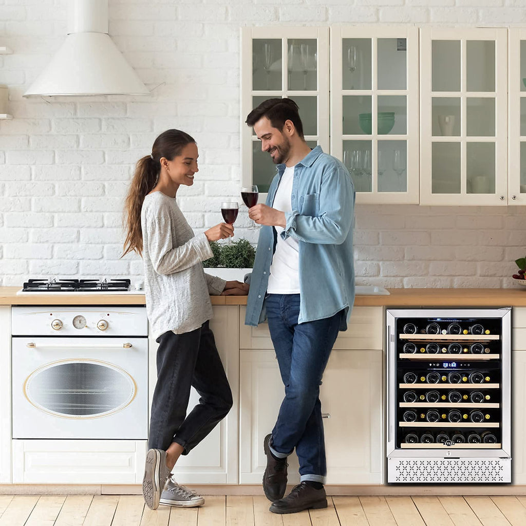 Tylza Wine Fridge 15'', 30 Bottles Wine Cooler Refrigerator, Undercounter or Freestanding, Removable Shelves, 40-65Â°F, Wine Cabinet with Double Glass Door, Wine Cooler for Home, Kitchen, Bar