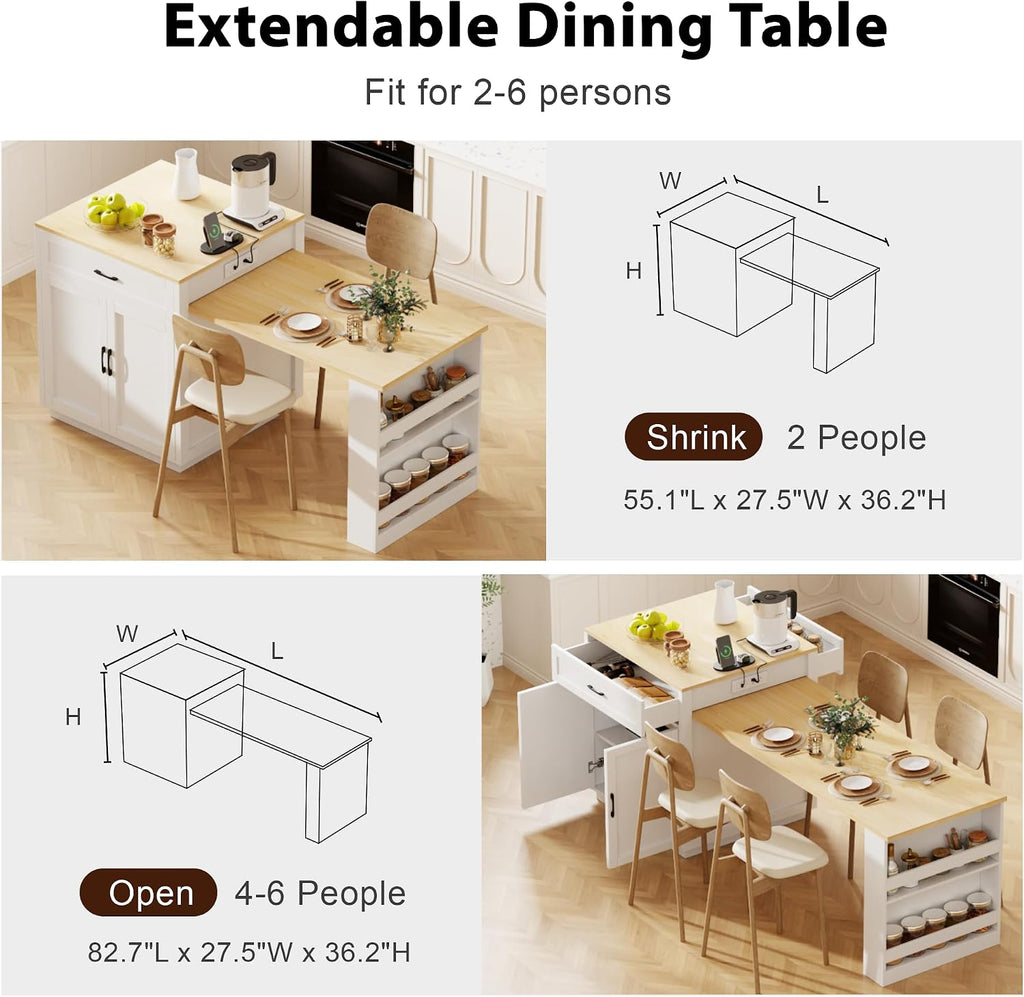 Ball & Cast Kitchen Island with Extendable Dining Table and Power Outlet,82.7" Rolling Kitchen Cart W/ 2 Drawers & 2 Side Open Shelves,Kitchen Table W/Double-Sized Storage,for Dining Room,White