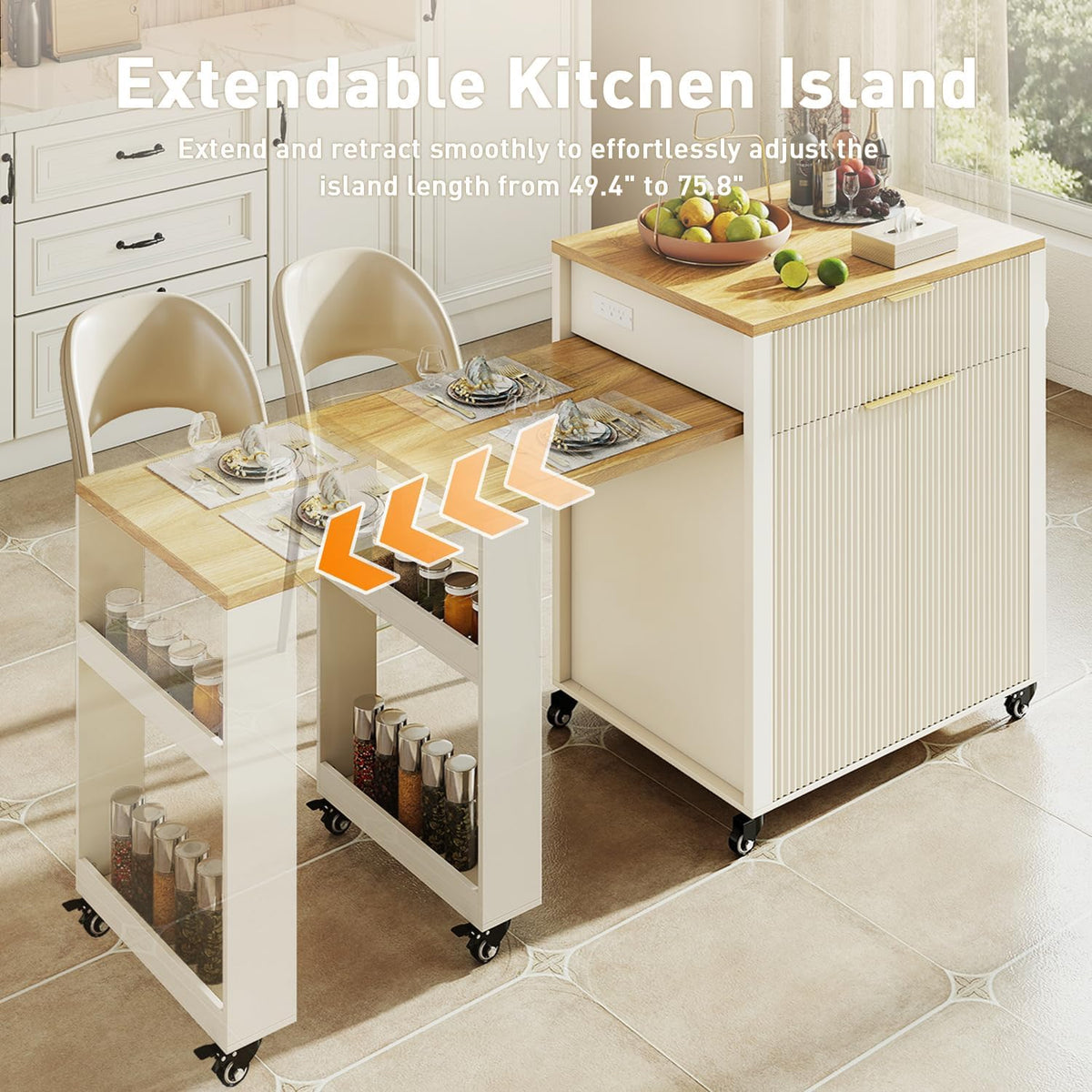 Rolling Kitchen Island with Extendable Dining Table, 75.8" Kitchen Cart on Wheels, Mobile Island Table with Storage Drawers, Open Side Shelf& Power Outlet for Kitchen, Dining Room (White)