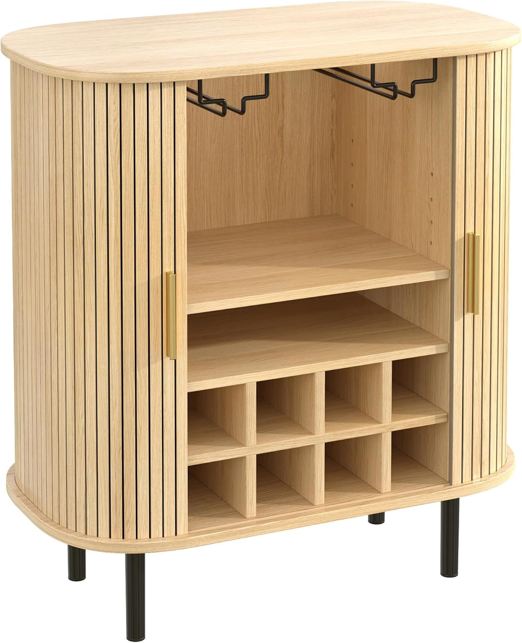 Natural Wine & Coffee Bar Cabinet with Gold Handle & Sliding Tambour Doors,Modern Curved Liquor Cabinet Coffee Station with 8*Wine Rack & 2*Glass Holders,5-Level Adjustable Shelf & Side Hidden Storage