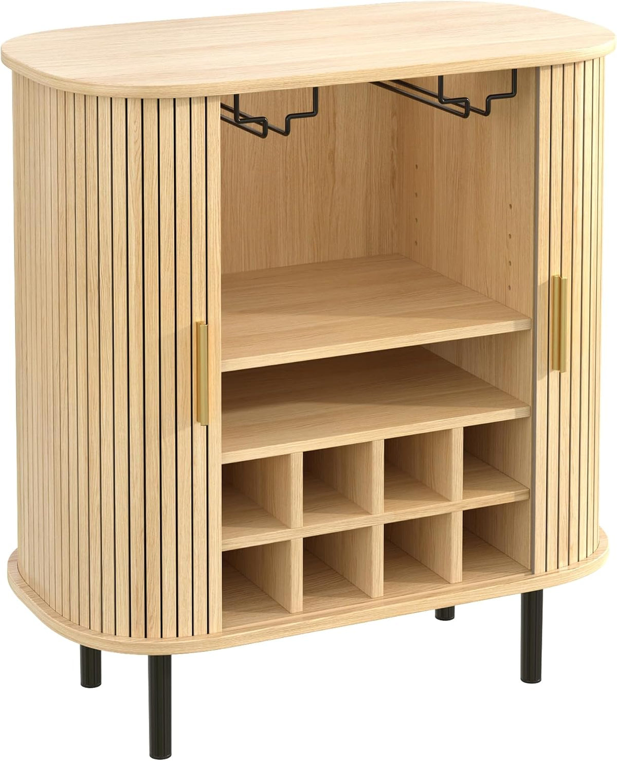 Natural Wine & Coffee Bar Cabinet with Gold Handle & Sliding Tambour Doors,Modern Curved Liquor Cabinet Coffee Station with 8*Wine Rack & 2*Glass Holders,5-Level Adjustable Shelf & Side Hidden Storage