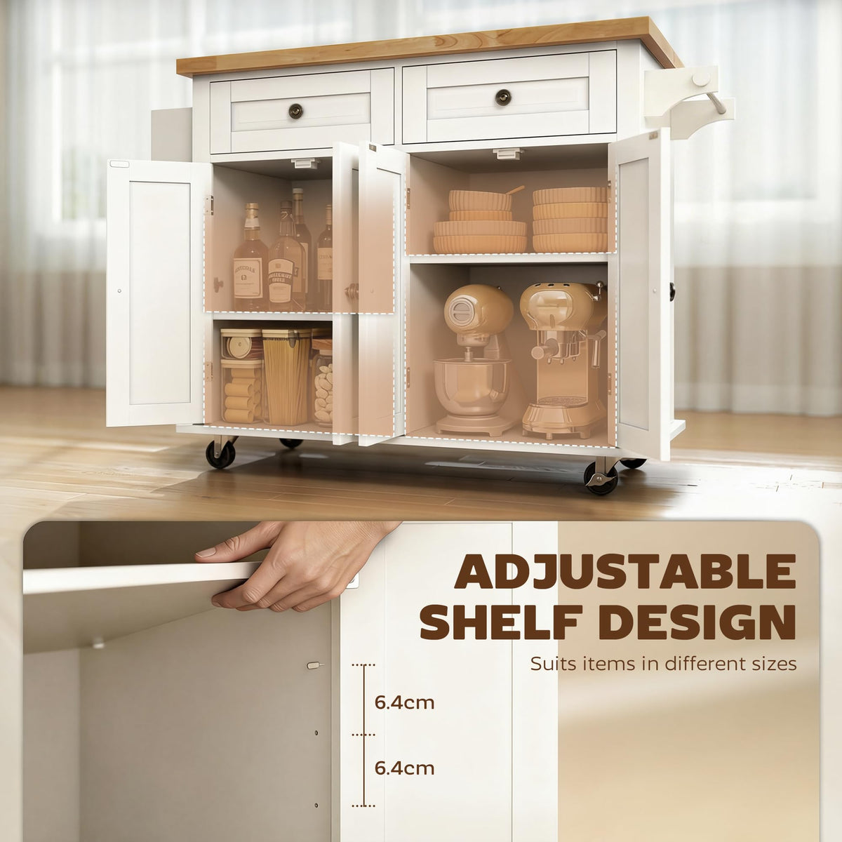 HOMCOM Kitchen Island Cart on Wheels with Solid Wood Top, 44" Cream White