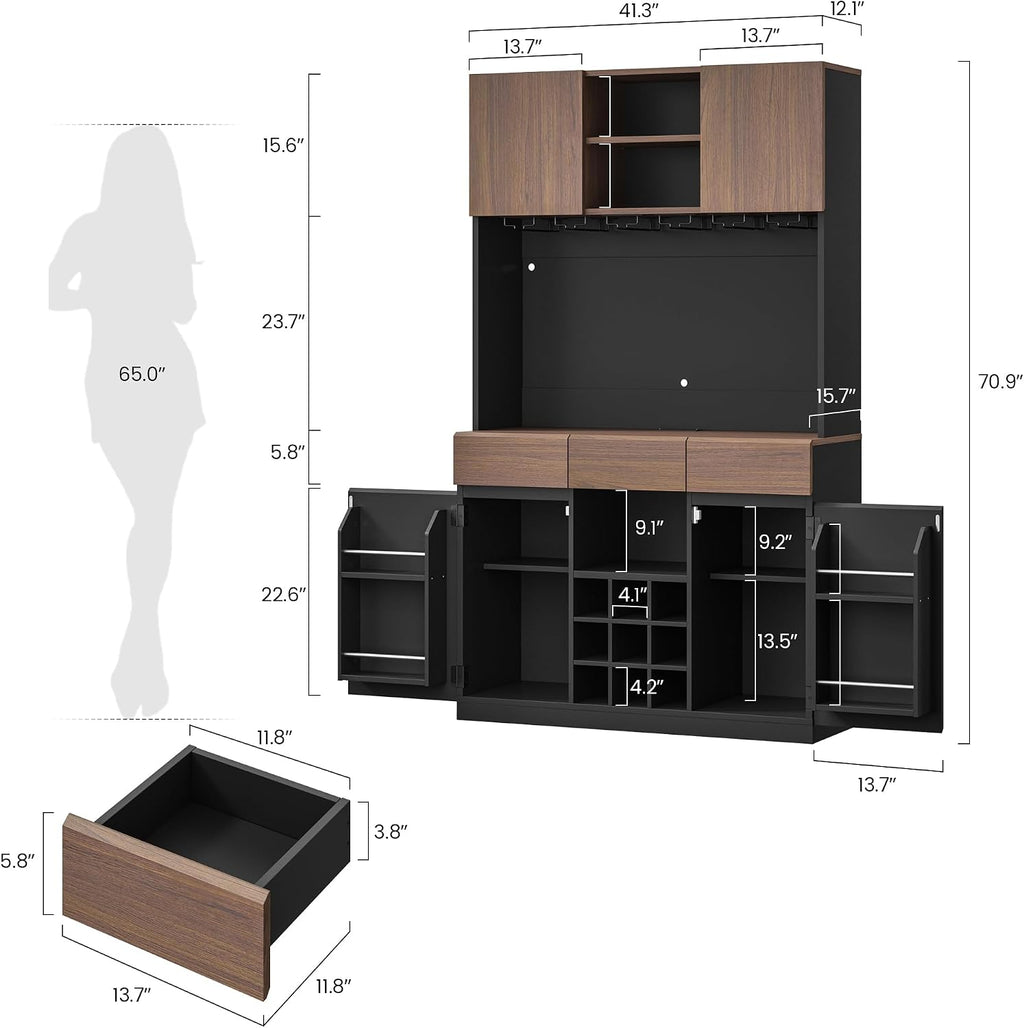 ModernMate 71" Wine Bar Cabinet with LED Lights, Modern Kitchen Pantry Hutch Cabinet with Storage, Black Home Coffee Bar with 3 Drawers, Wine Rack, Glass Holders for Dining Room, Kitchen