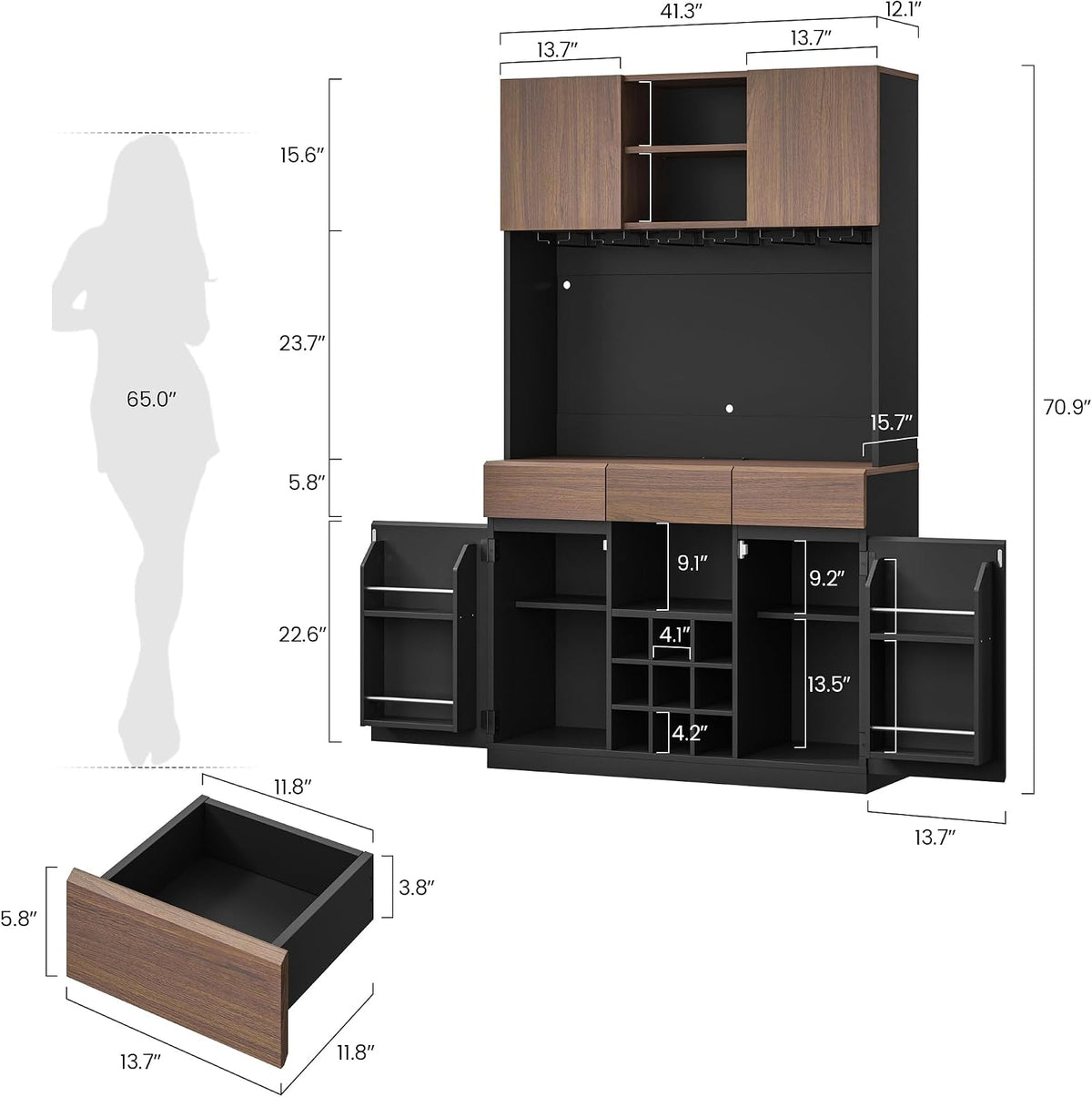 ModernMate 71" Wine Bar Cabinet with LED Lights, Modern Kitchen Pantry Hutch Cabinet with Storage, Black Home Coffee Bar with 3 Drawers, Wine Rack, Glass Holders for Dining Room, Kitchen