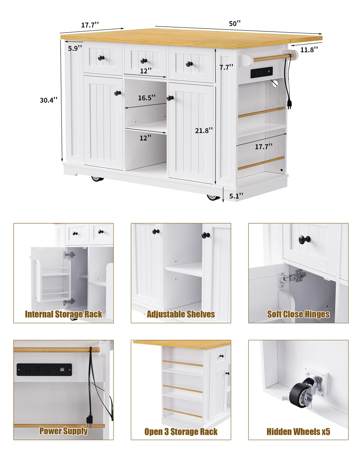 53-Inch Rolling Kitchen Island with Storage