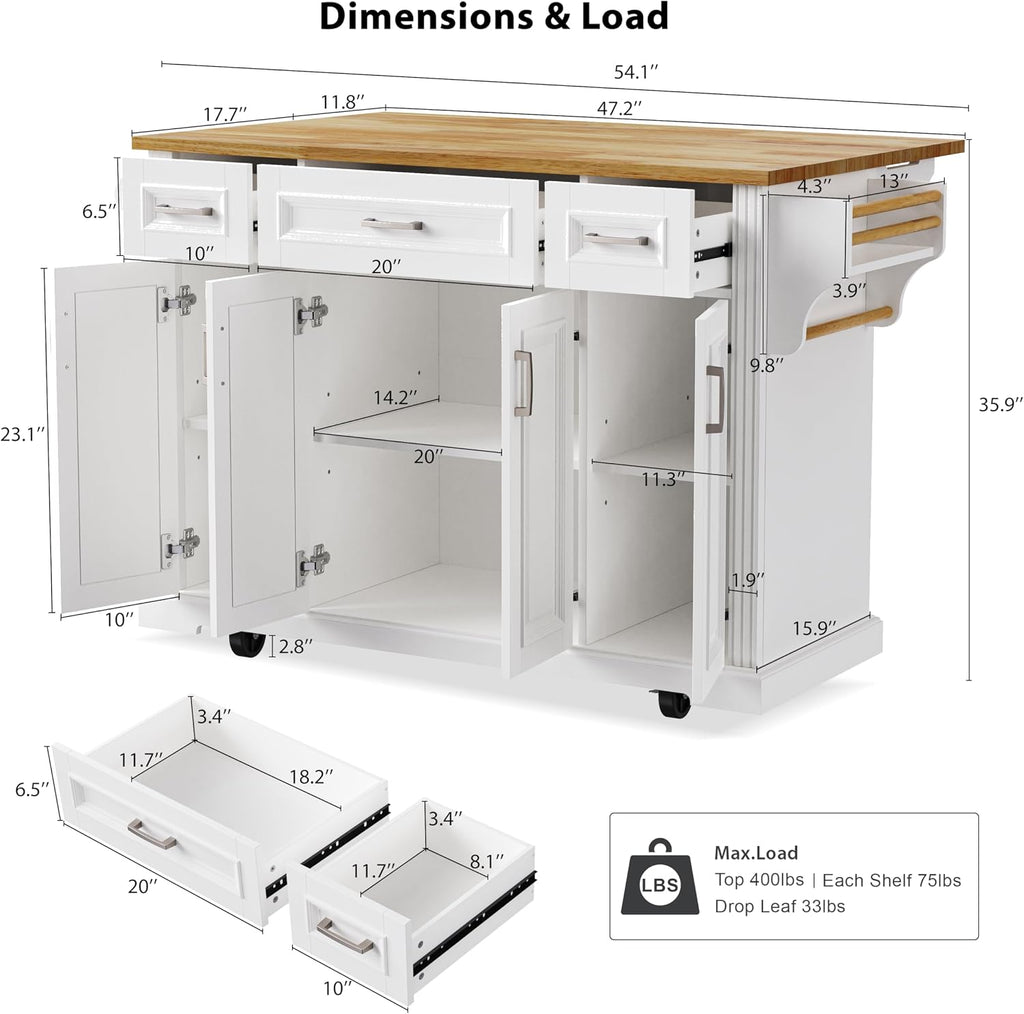 Merax 54" Large Kitchen Cart Island on Wheels with Drop Leaf,Adjustable Shelves,3 Drawers,Embossed Texture Design for Dining Room