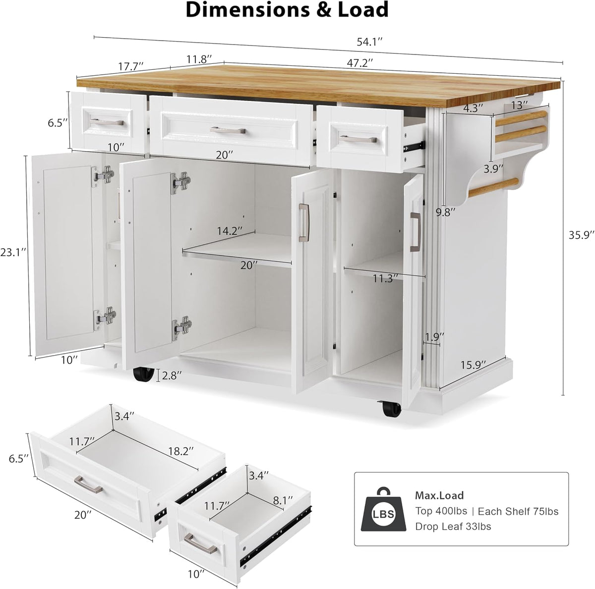 Merax 54" Large Kitchen Cart Island on Wheels with Drop Leaf,Adjustable Shelves,3 Drawers,Embossed Texture Design for Dining Room