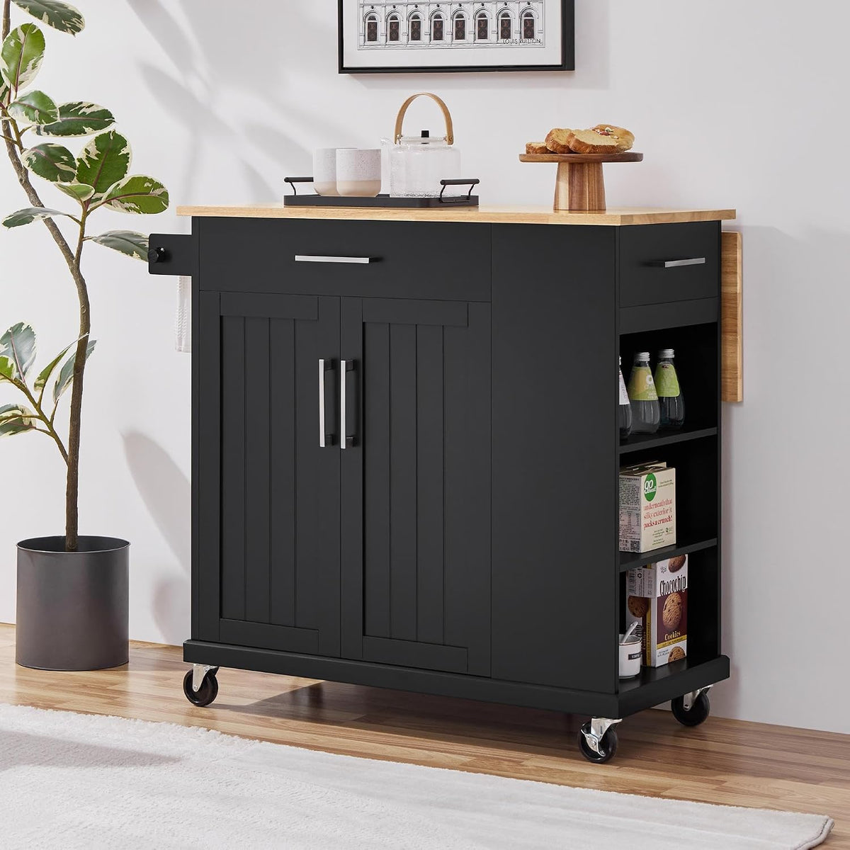 Yaheetech Kitchen Island Cart with Storage, Drop Leaf, Open Shelves, Black