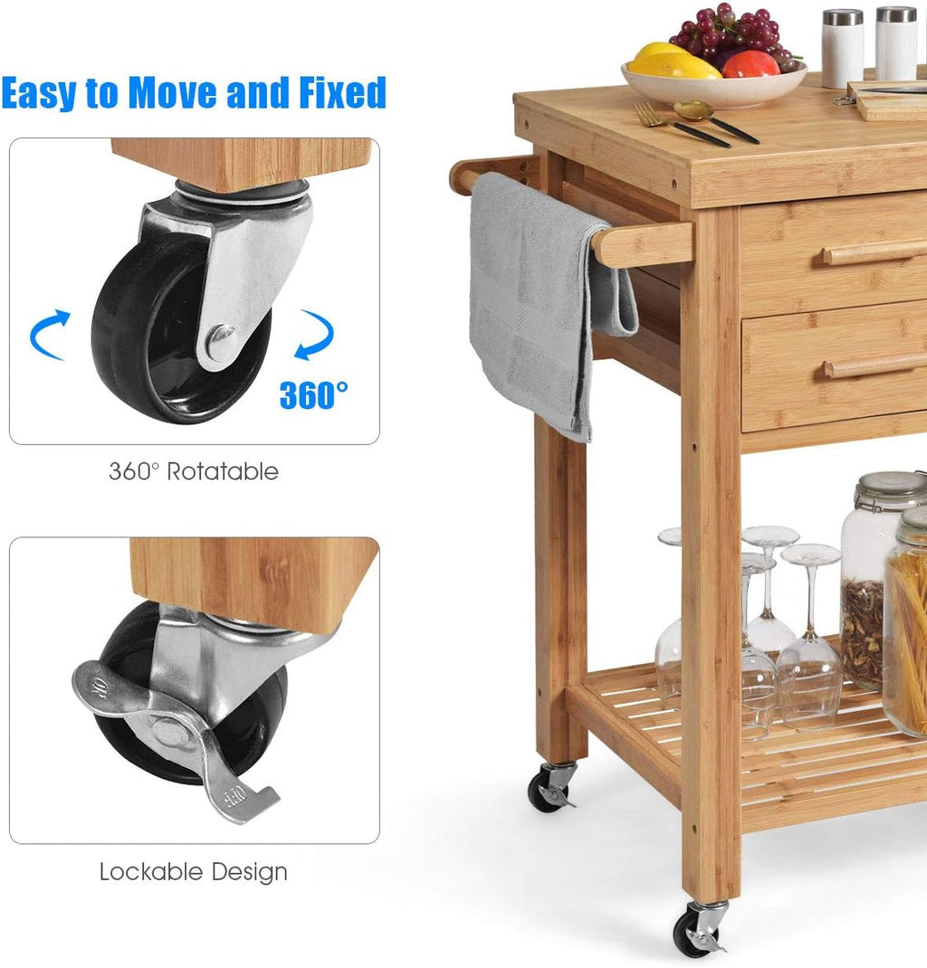 GIANTEX Kitchen Island, Bamboo Island Cart, Kitchen Trolley Cart on Wheels, Rolling Kitchen Cart, 2 Drawers, Towel Rack, Casters with Lock (Natural)