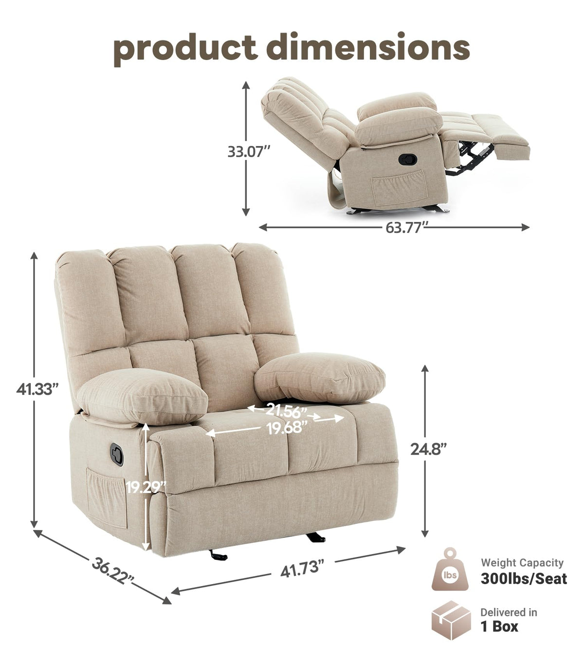 WILLOVE 41" Oversized Rocker Recliner Chair, Rocking Recliners Overstuffed Soft Big Man Manual Recliner, Extra Large Chenille Living Room Chair 350 LBS Capacity, Grey, L