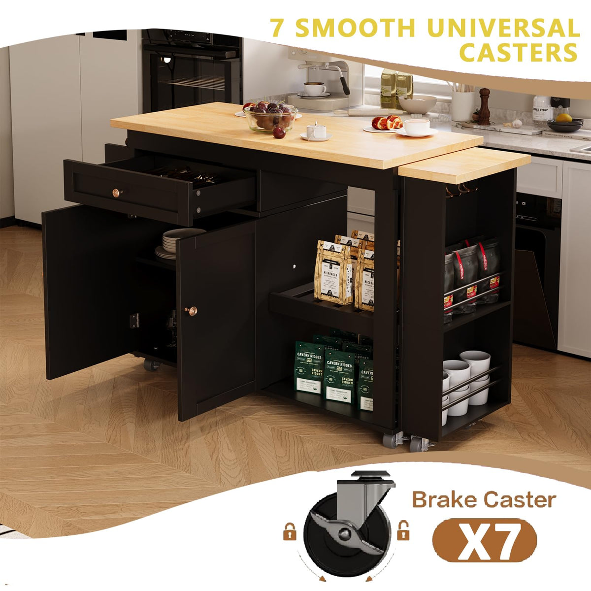 81.5" Kitchen Island with Extendable Dining Table, Rolling Kitchen Cart on Wheels with Spice Rack, Drawer and Door Cabinet for Dining Room, White