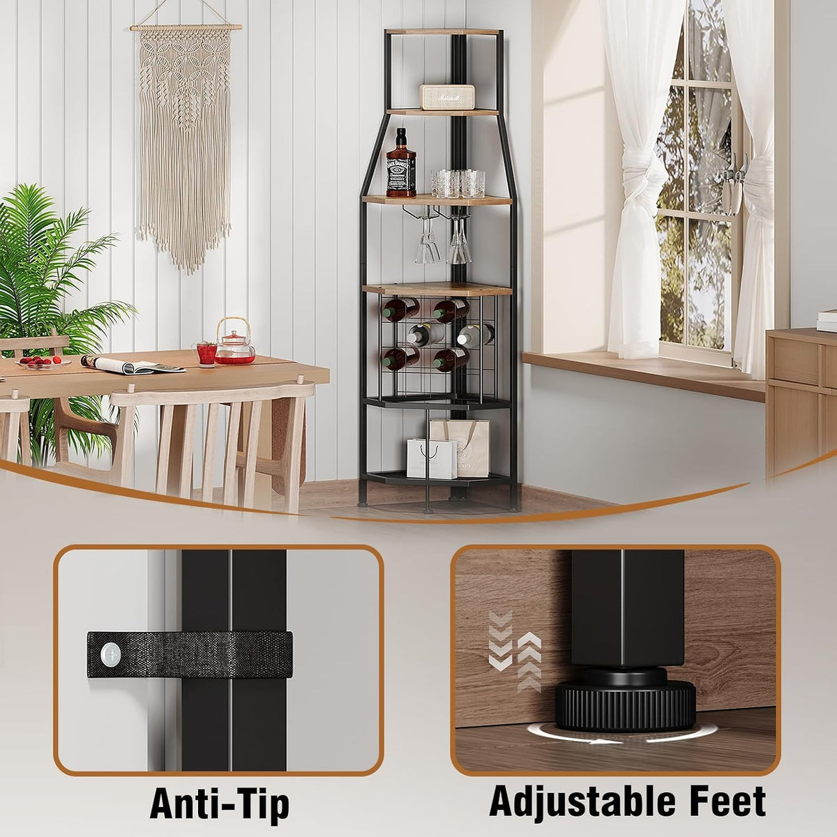 5-Tier Corner Wine Rack with Glass Holder, Floorstanding Wine Storage
