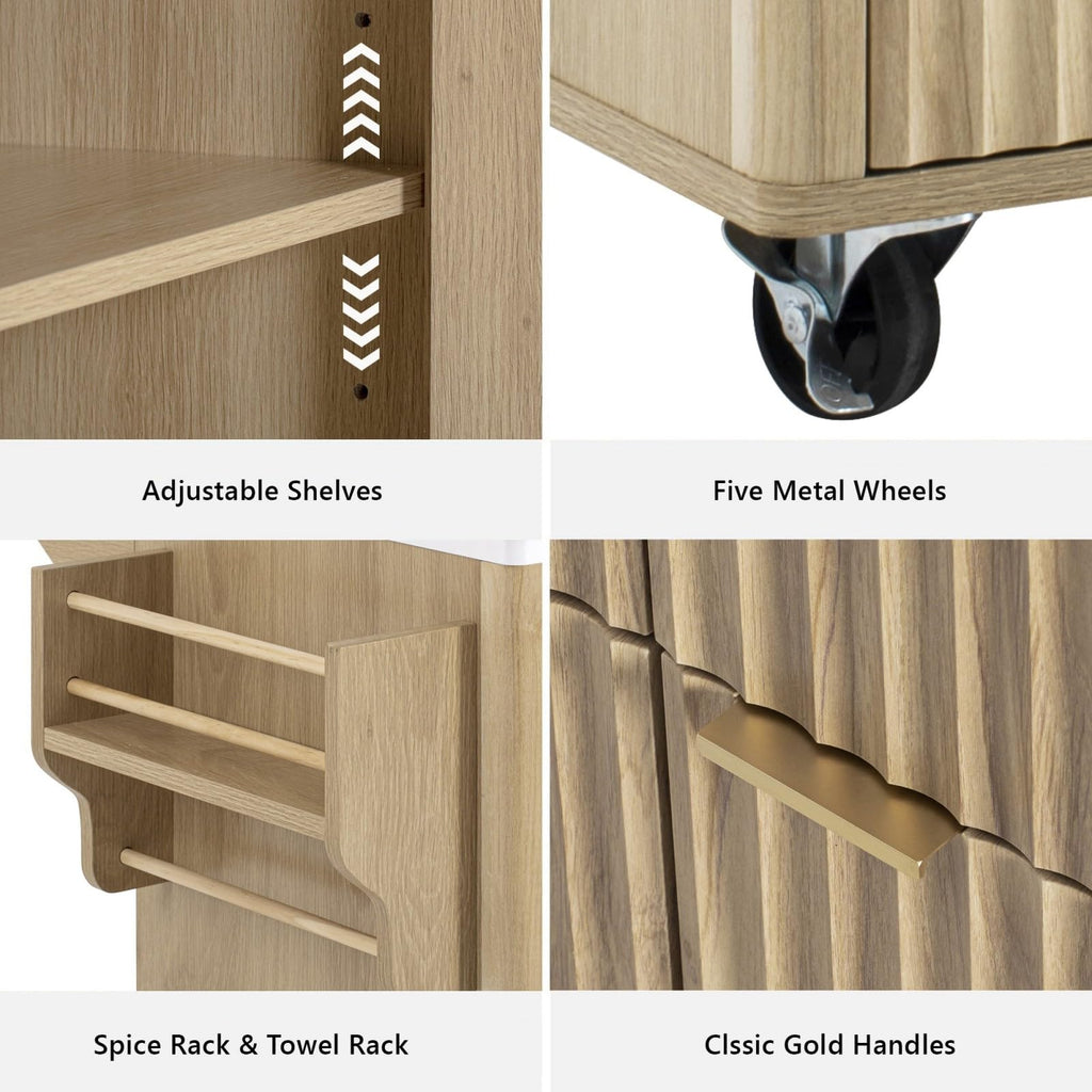 Large Fluted Kitchen Island Cart on Wheels with Storage, Natural