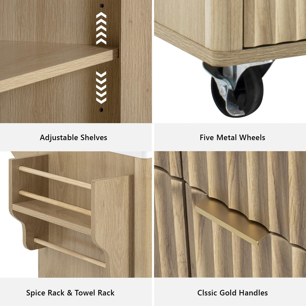 Large Fluted Kitchen Island Cart on Wheels with Storage, Natural