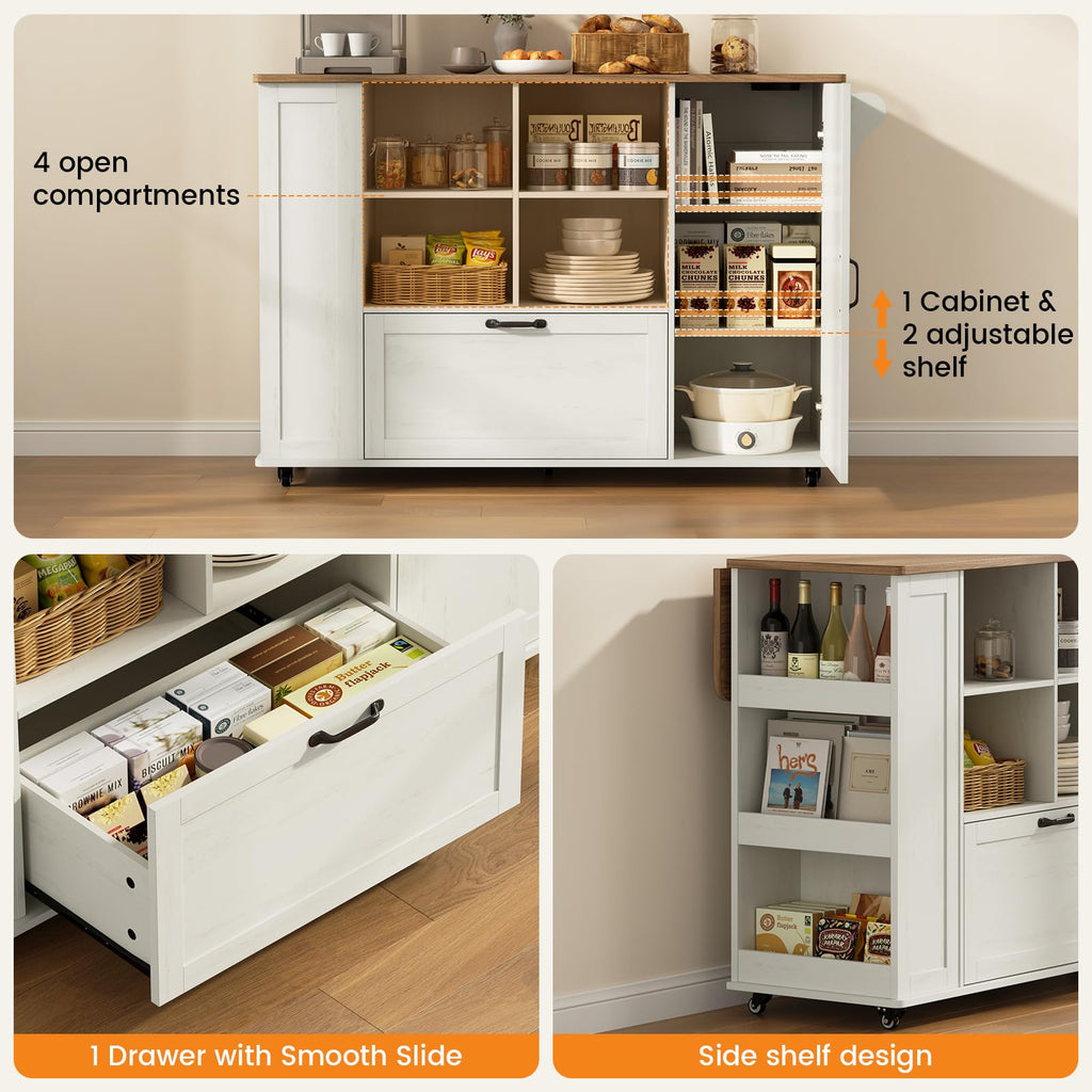 72" Rolling Kitchen Island with 360Â° Swivel Tabletop & Power Outlet,Mobile Kitchen Islands on Wheels with Storage,Farmhouse Wood Island Cart with Spice Rack,Rustic White
