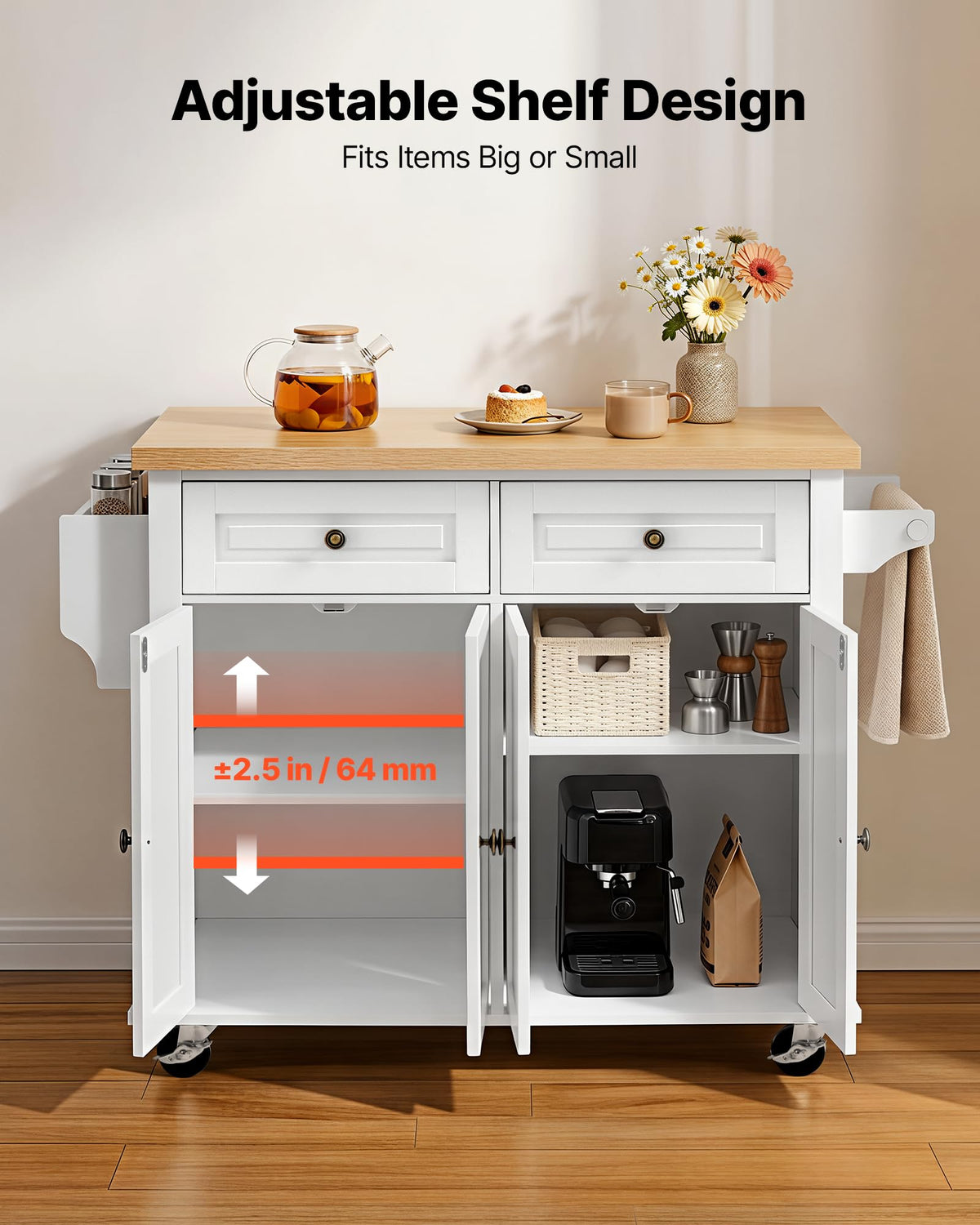 VEVOR Kitchen Island Cart with Storage, 43.58 in Wide Mobile Rolling Storage Island on Swivel Wheels, with 2 Drawers, Storage Cabinet, Drop Leaf, Spice/Towel Rack, Table for Home Dining Room, White