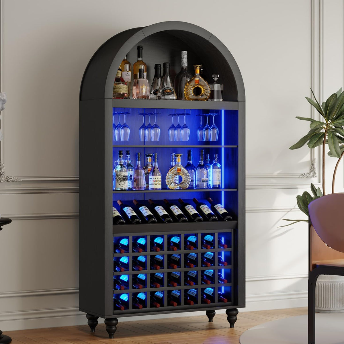 71" Tall Arched Wine Bar Cabinet with Wine Racks & Glass Holder, Wide Liquor Cabinets with LED Lights & Charing Ports, Kitchen Pantry Cupboard, Coffee Bar Storage Cabinet for Home, Dining Room (Oak)