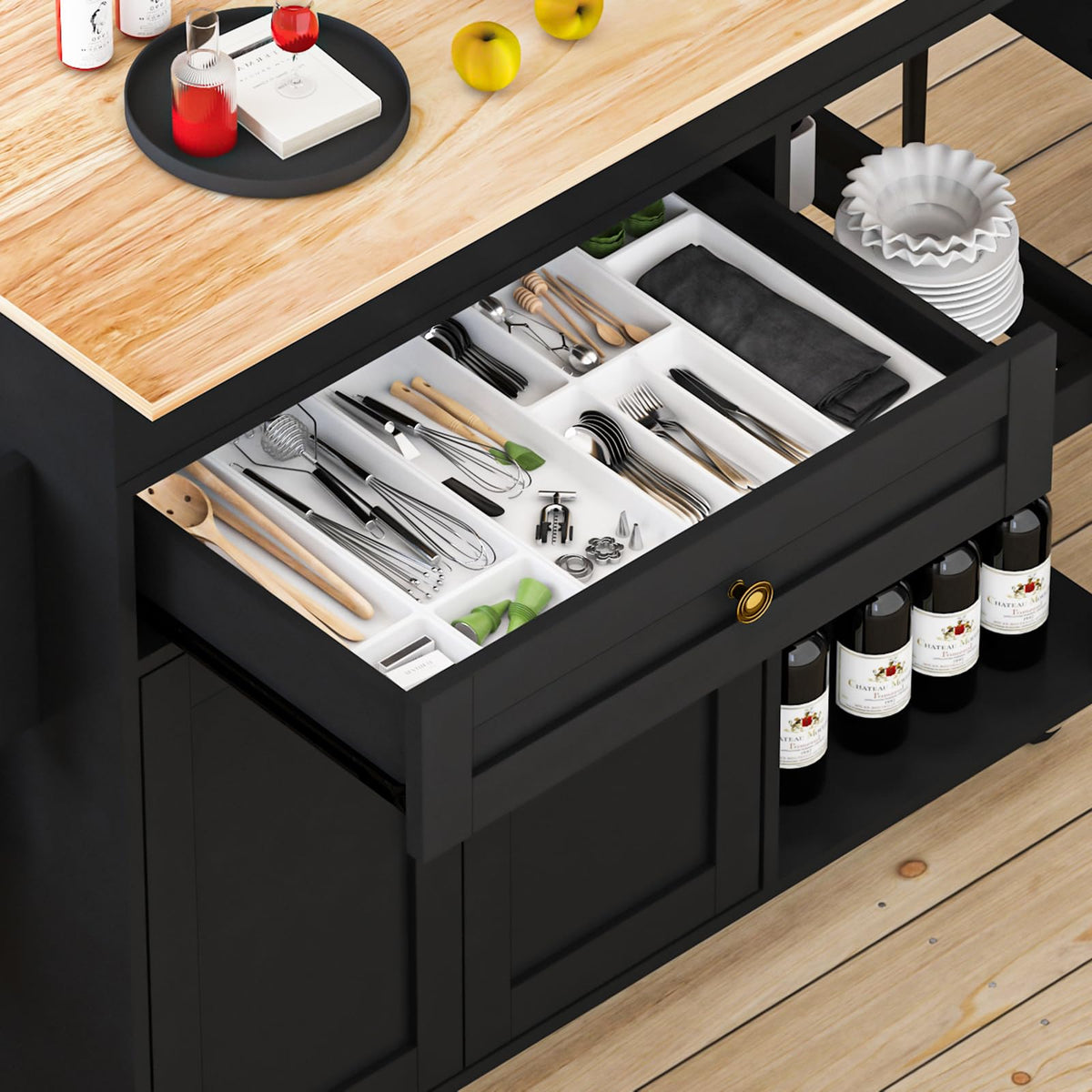 81.5" Kitchen Island with Extendable Dining Table, Rolling Kitchen Cart on Wheels with Spice Rack, Drawer and Door Cabinet for Dining Room, White