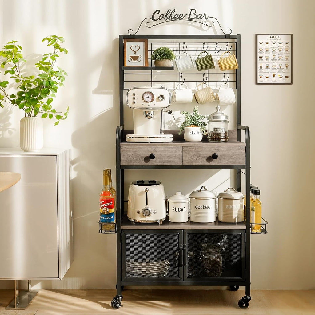 Coffee Bar Cabinet with Storage, Coffee Cart with Wheels, Coffee Station with Coffee Bar Sign and Mug Hook, Corner Coffee Bar Table with Drawer, Bakers Rack for Kitchen Dining Room Living Room Nook