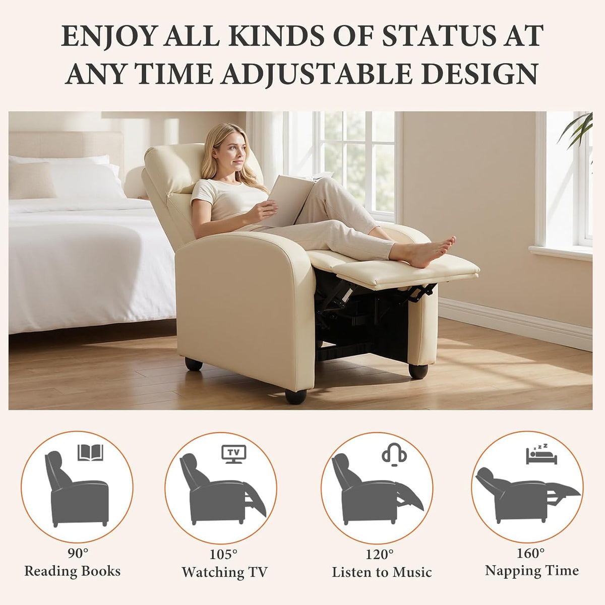 OLIXIS Recliner Chair, Reclining Sofa Chair with 3 Adjustable Angles