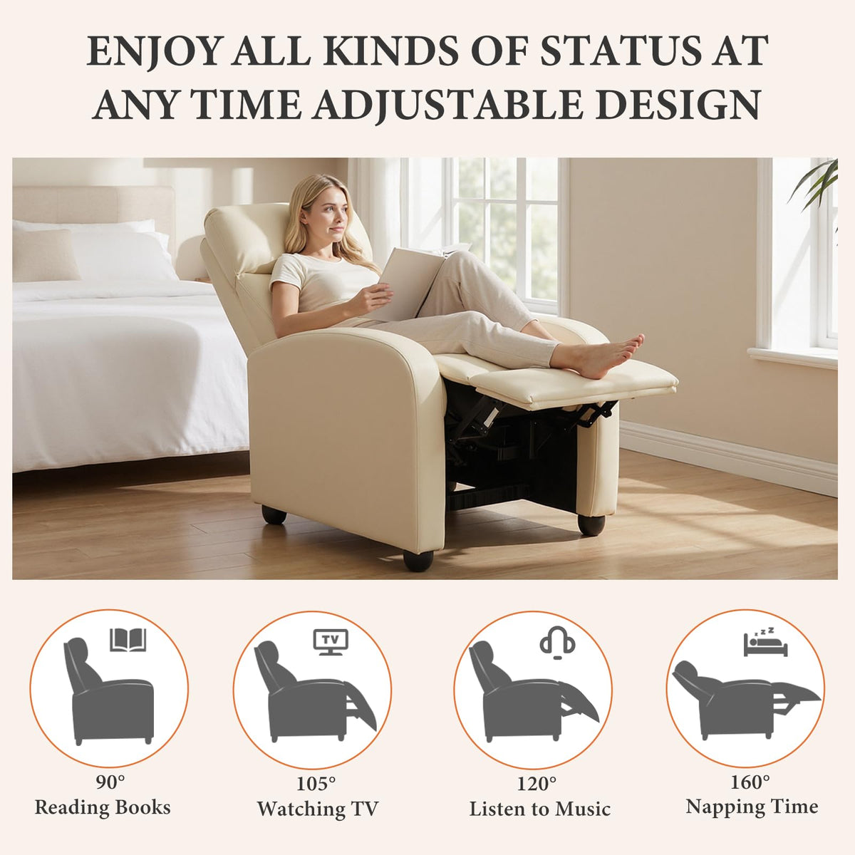OLIXIS Recliner Chair, Reclining Sofa Chair with 3 Adjustable Angles