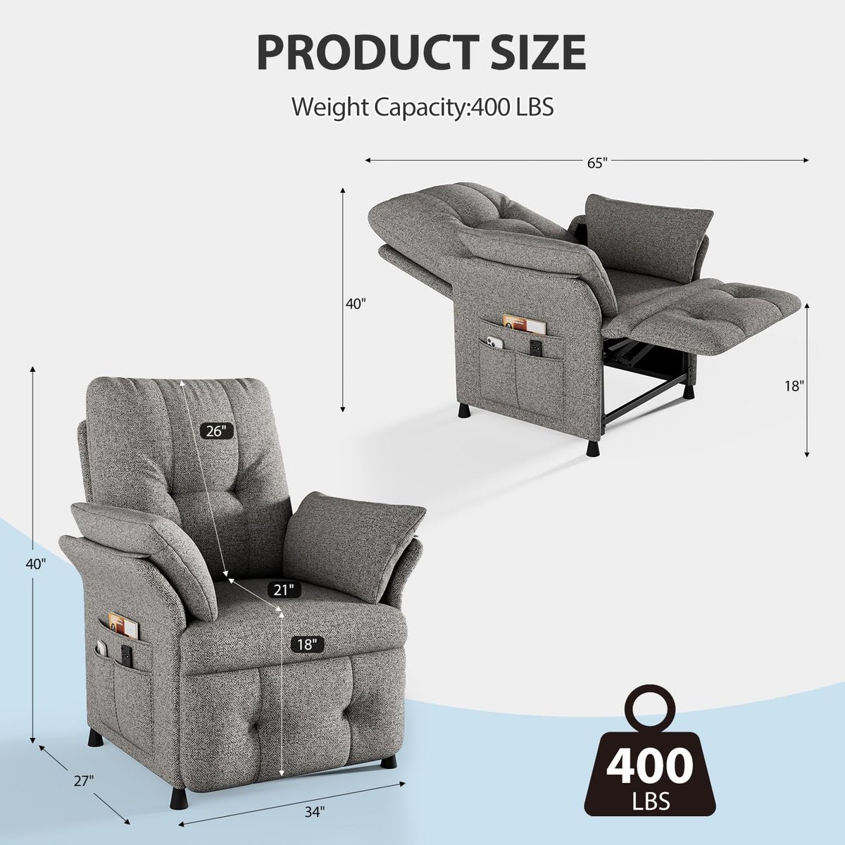 Power Recliner Chair with Heat & Massage, Electric Recliner for Elderly