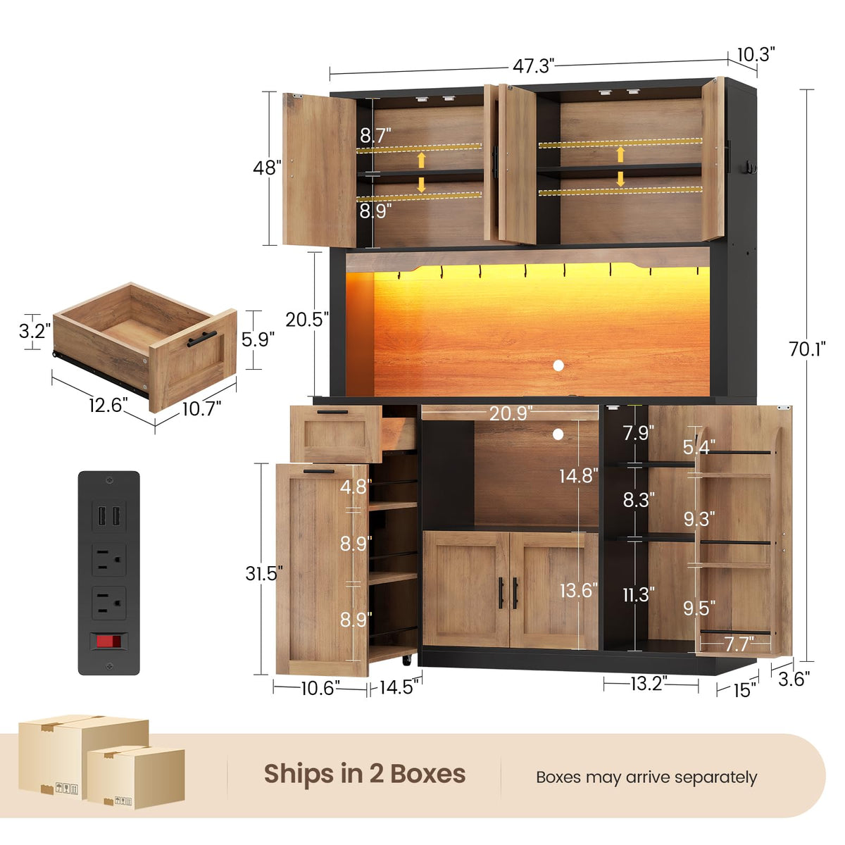 Itaar 71" Kitchen Pantry Cabinet with Charging Station and Led Light, Kitchen Storage Cabinets with Microwave Stand, 59" Wide Pantry Storage Cabinet with Storage Cart 3 Tier for Dining Room, White