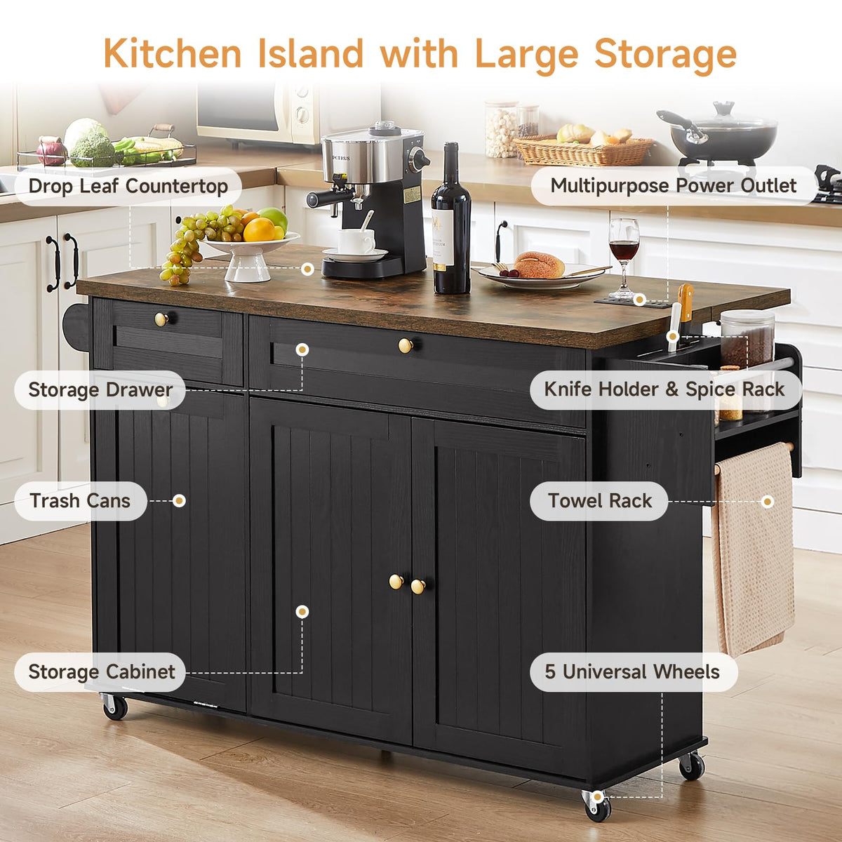 ONBRILL 60" Kitchen Island with Trash Can Storage, Rolling Island Table